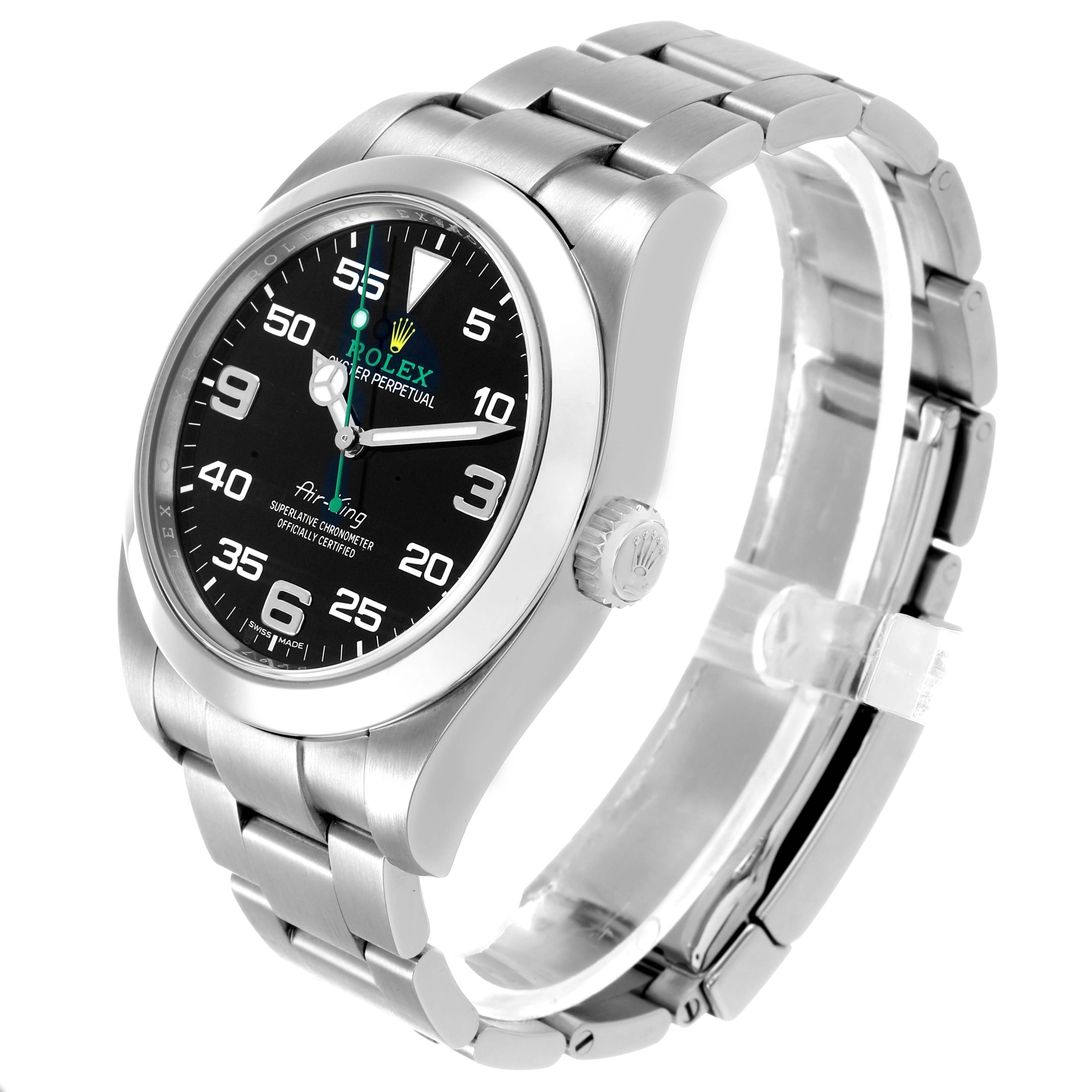 The Rolex Air-King 116900 Men's Stainless Steel Black Dial watch is shown from a three-quarter angle, highlighting the face, crown, and bracelet.
