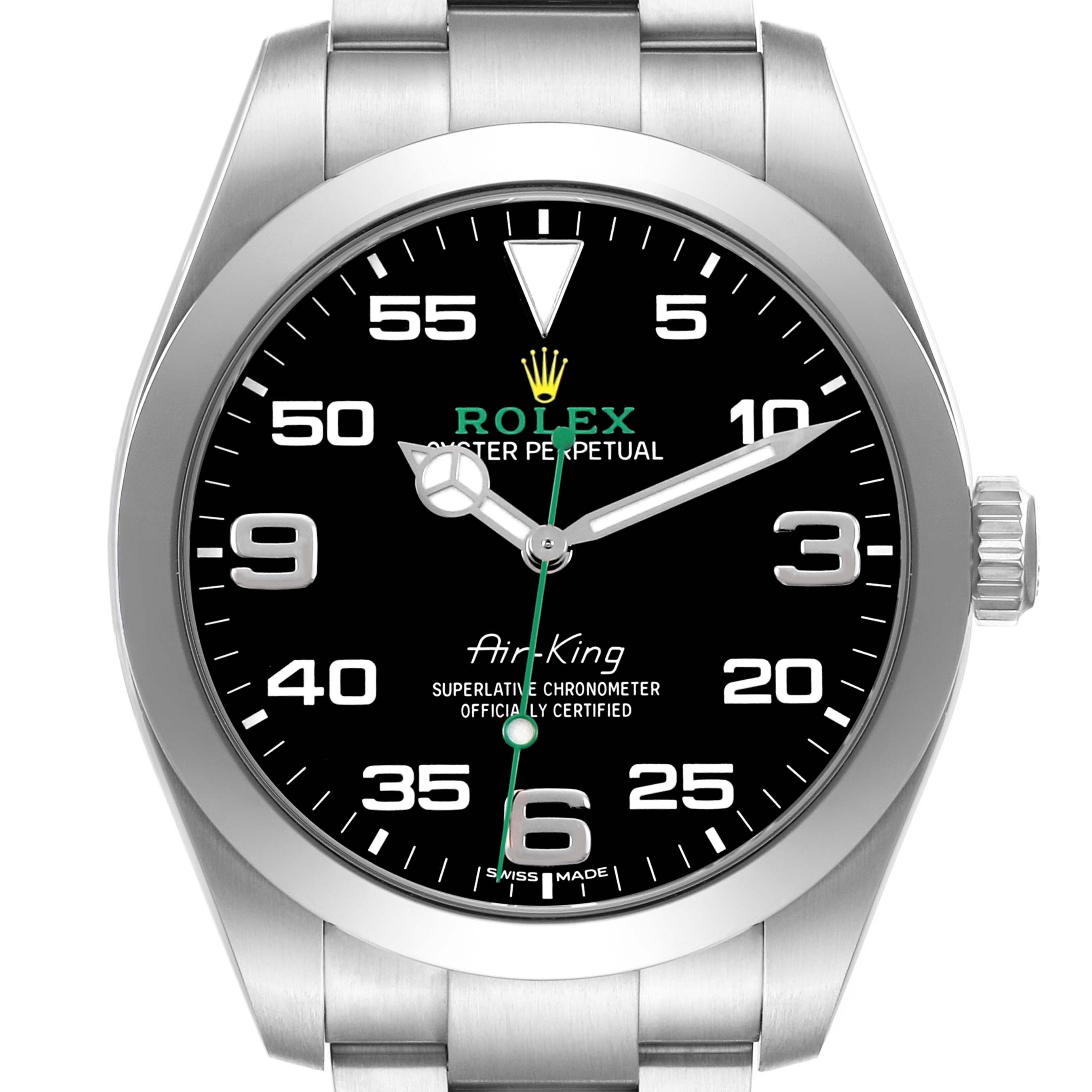The Rolex Air-King 116900 Men's Stainless Steel Black Dial watch is shown from the front, showcasing its black dial, silver bezel, and bracelet.