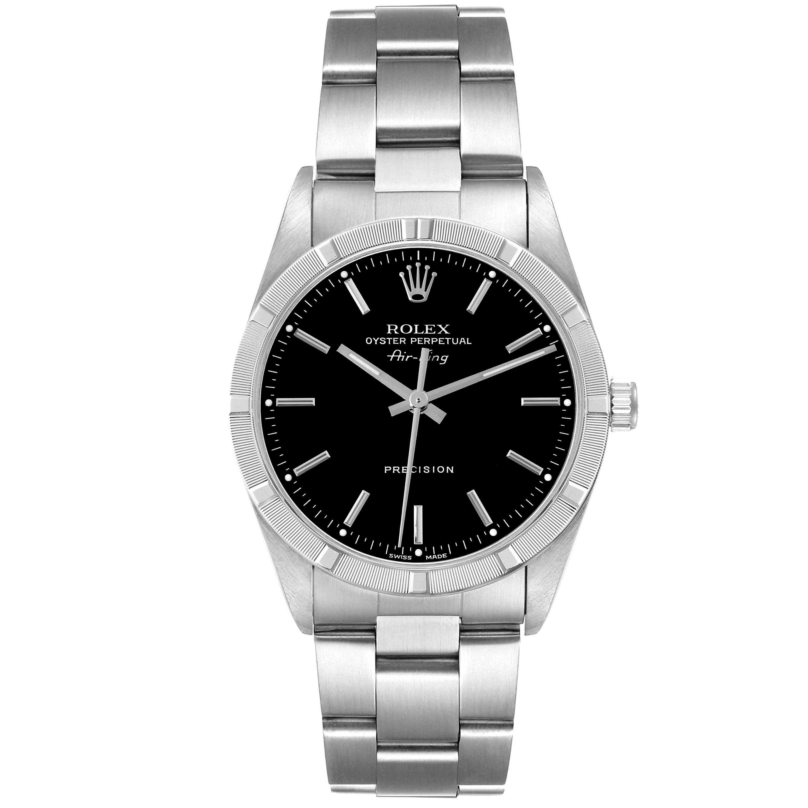 The image shows a frontal view of a Rolex Air-King 14010 Men's Stainless Steel Black Dial 14010 Men's Stainless Steel Black Dial watch, displaying its dial, crown, and metal bracelet.