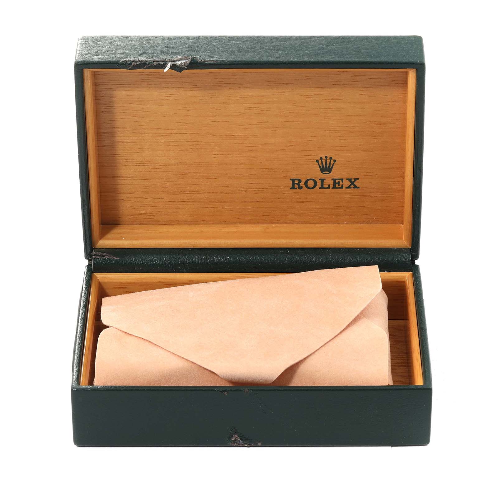 The image shows an open Rolex watch box for the Air-King model, containing a protective pouch.