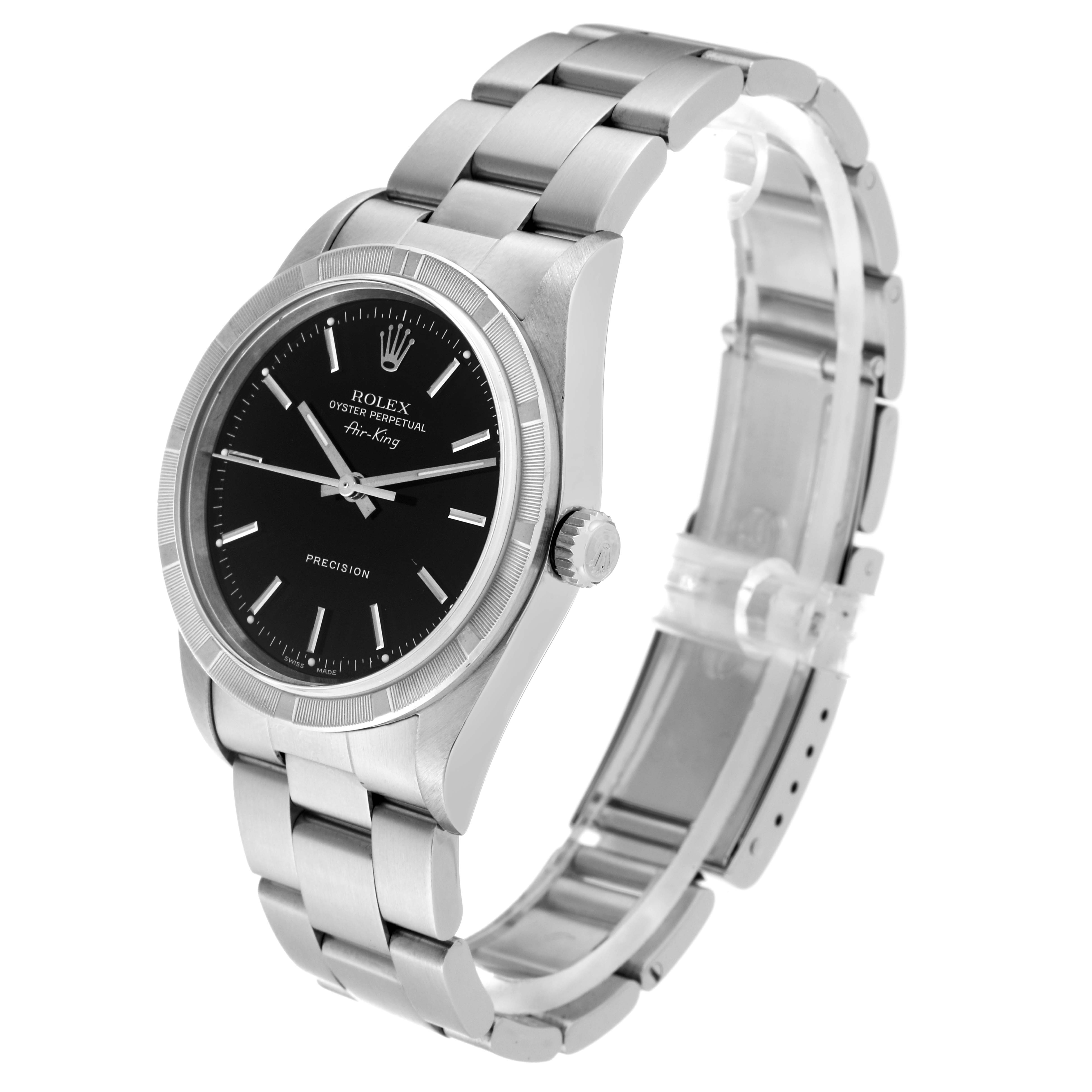 The image shows a side-angle view of the Rolex Air-King 14010 Men's Stainless Steel Black Dial 14010 Men's Stainless Steel Black Dial watch, displaying its dial, bracelet, and crown.