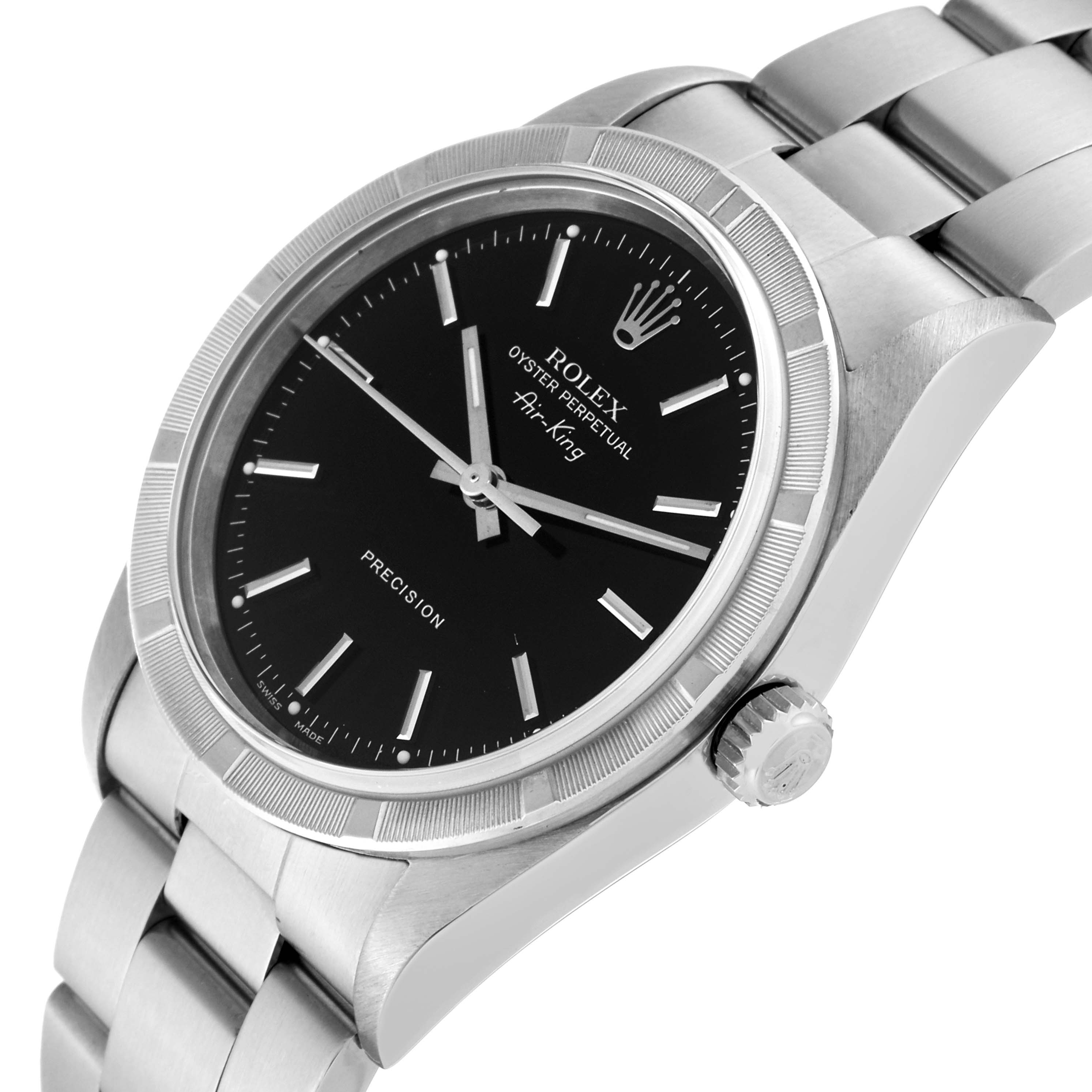 This image shows a close-up angle of a Rolex Air-King 14010 Men's Stainless Steel Black Dial 14010 Men's Stainless Steel Black Dial watch, highlighting the face, bezel, crown, and part of the bracelet.