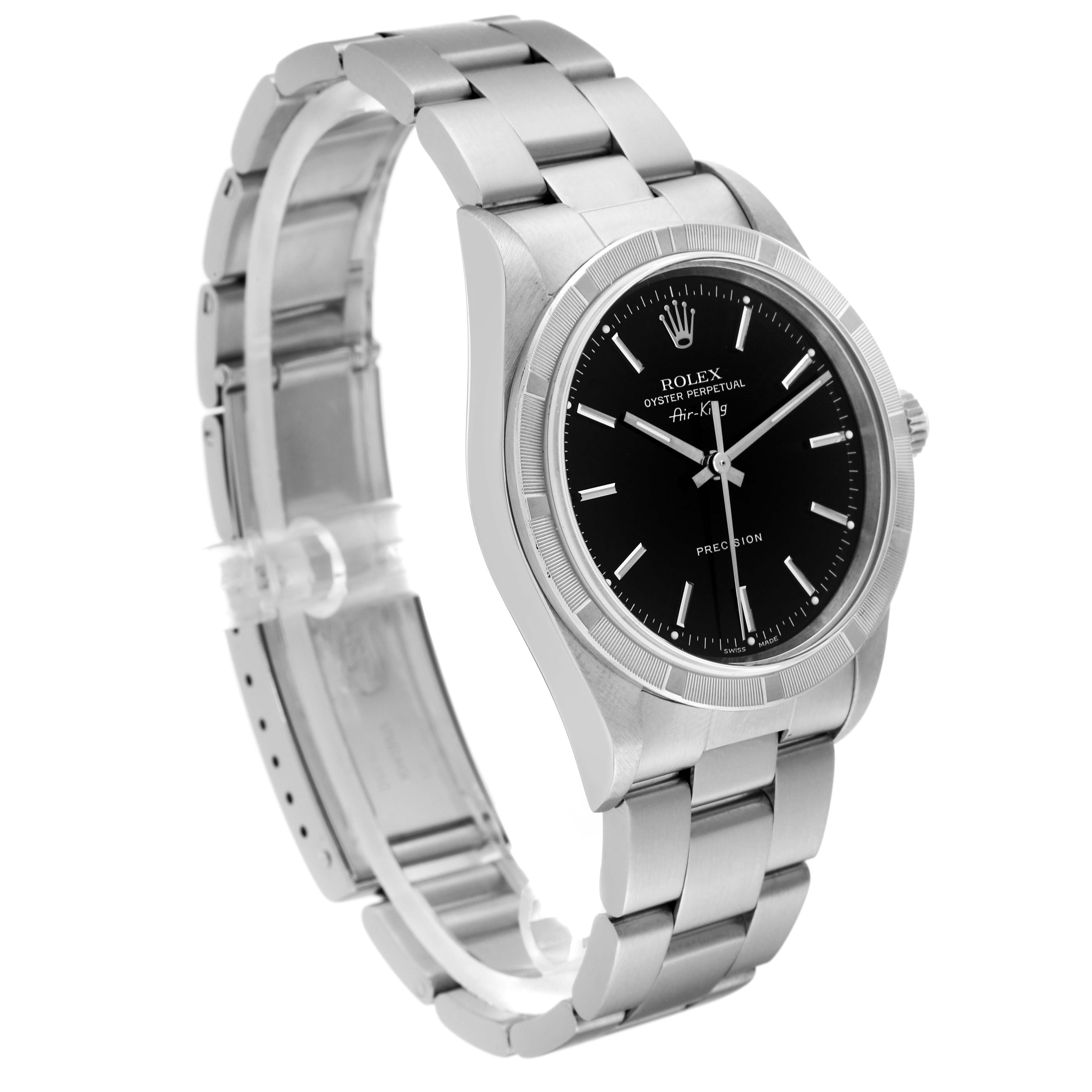 The Rolex Air-King 14010 Men's Stainless Steel Black Dial 14010 Men's Stainless Steel Black Dial watch is shown angled to display its face, bracelet, and part of the clasp.