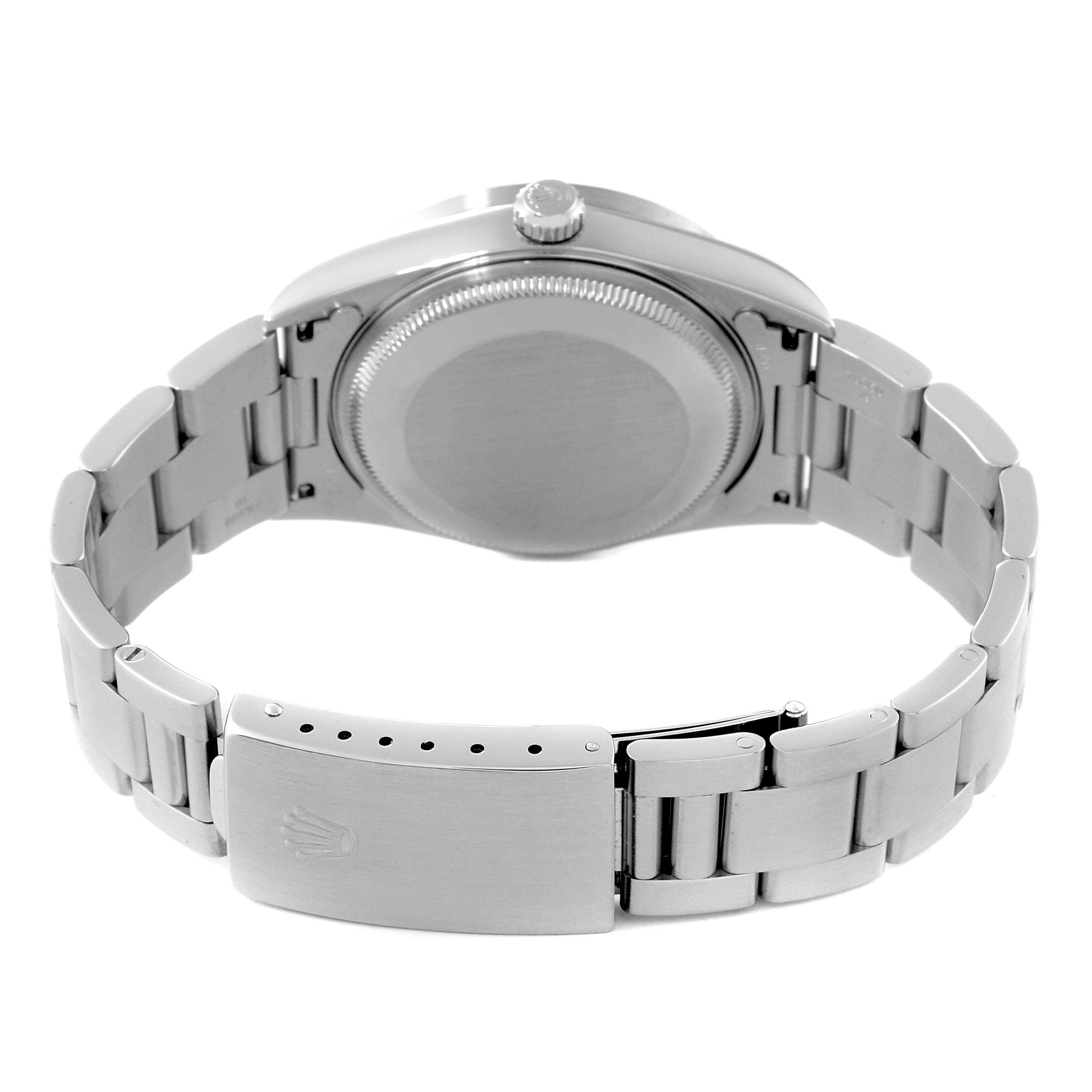 The image shows the back and clasp of a Rolex Air-King 14010 Men's Stainless Steel Black Dial 14010 Men's Stainless Steel Black Dial watch, highlighting the bracelet and case back.