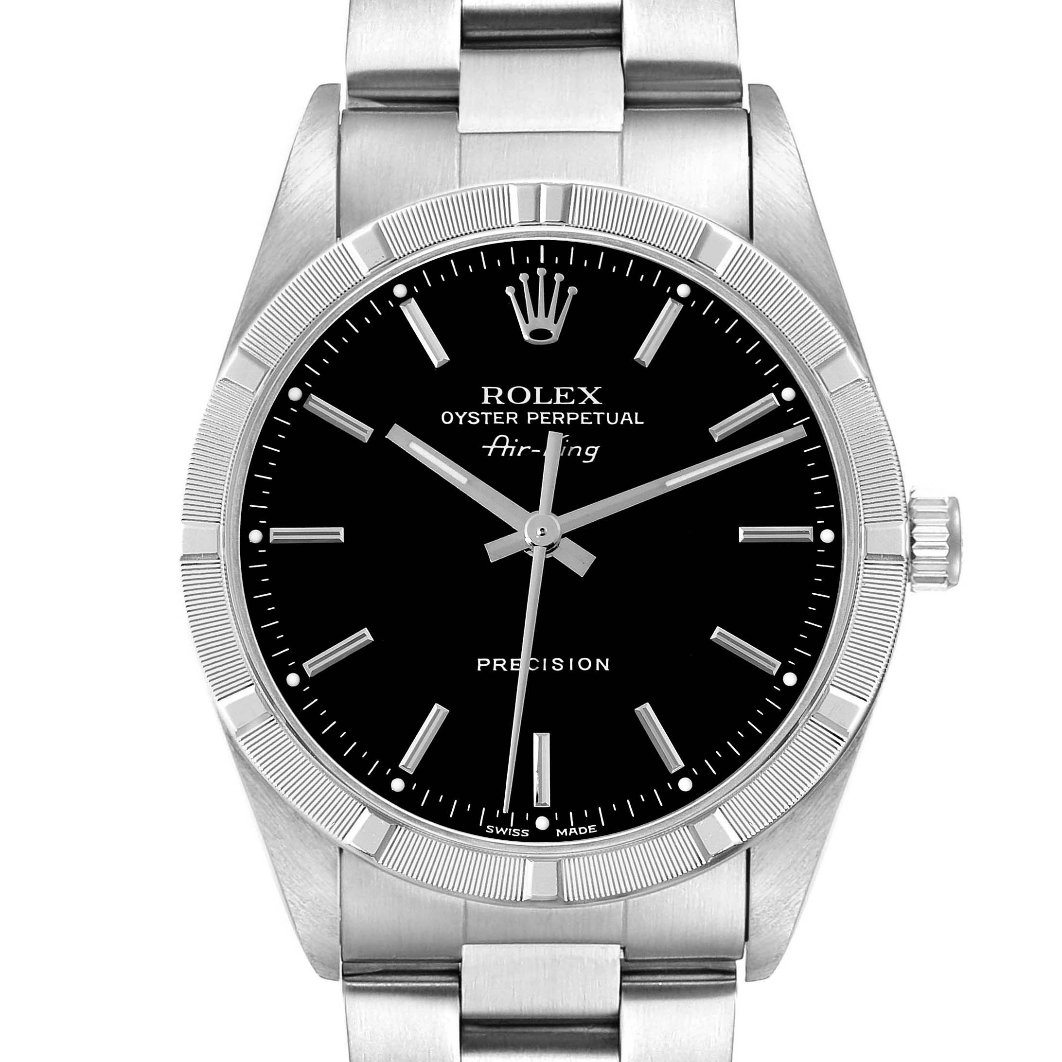 The Rolex Air-King 14010 Men's Stainless Steel Black Dial 14010 Men's Stainless Steel Black Dial watch is shown from a front angle, highlighting the black dial, markers, crown, and stainless steel bracelet.