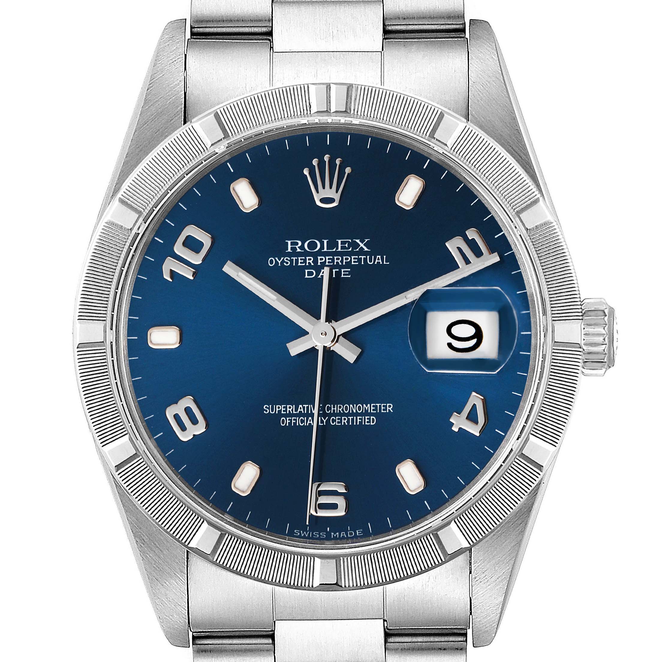 This image shows a close-up of the Rolex Oyster Perpetual Date model watch, detailing its blue dial, date window, and stainless steel bracelet.