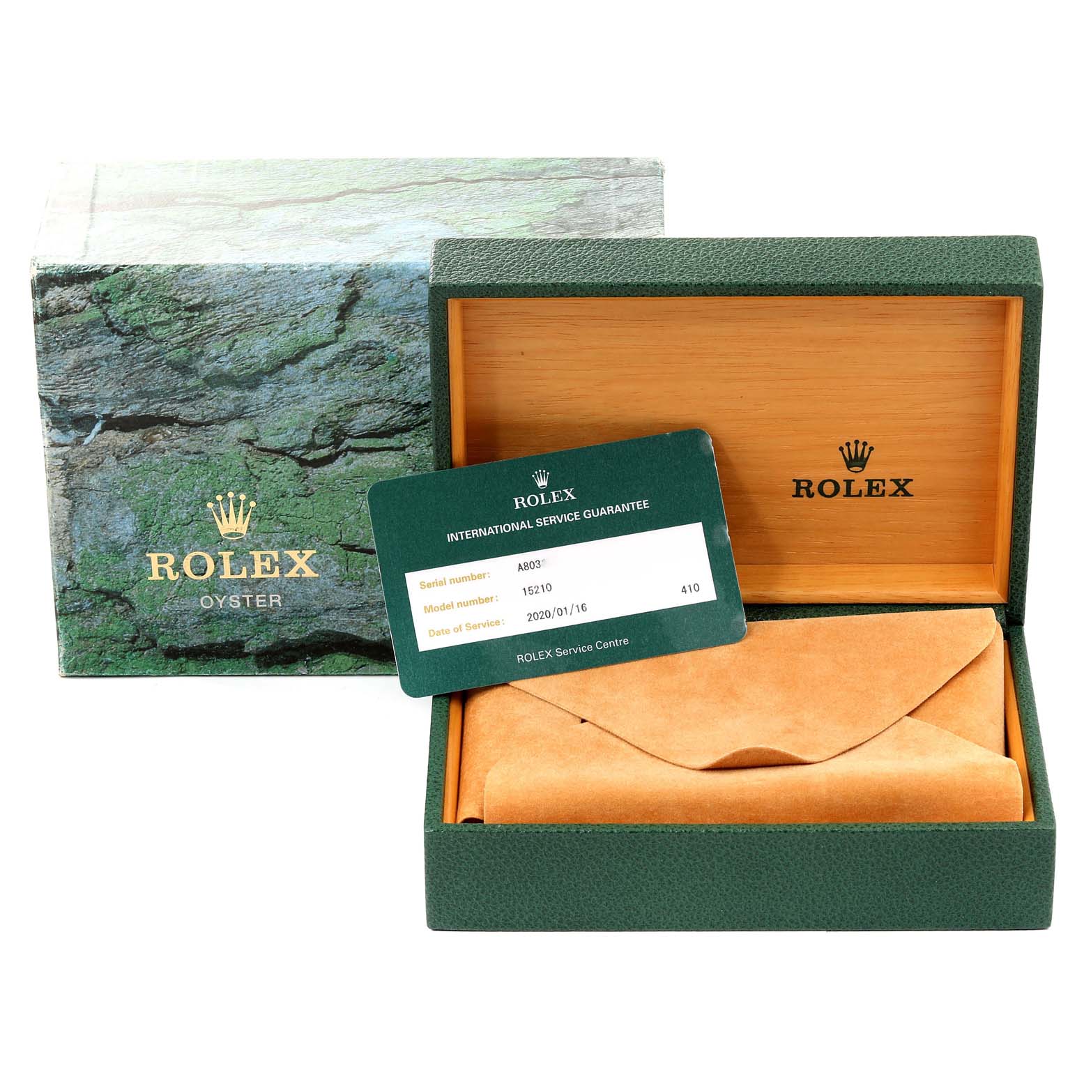 The image shows a Rolex Date 15210 Men's Stainless Steel Blue Dial 15210 Men's Stainless Steel Blue Dial model with its green and wood box, service guarantee card, and a suede pouch, viewed from above.