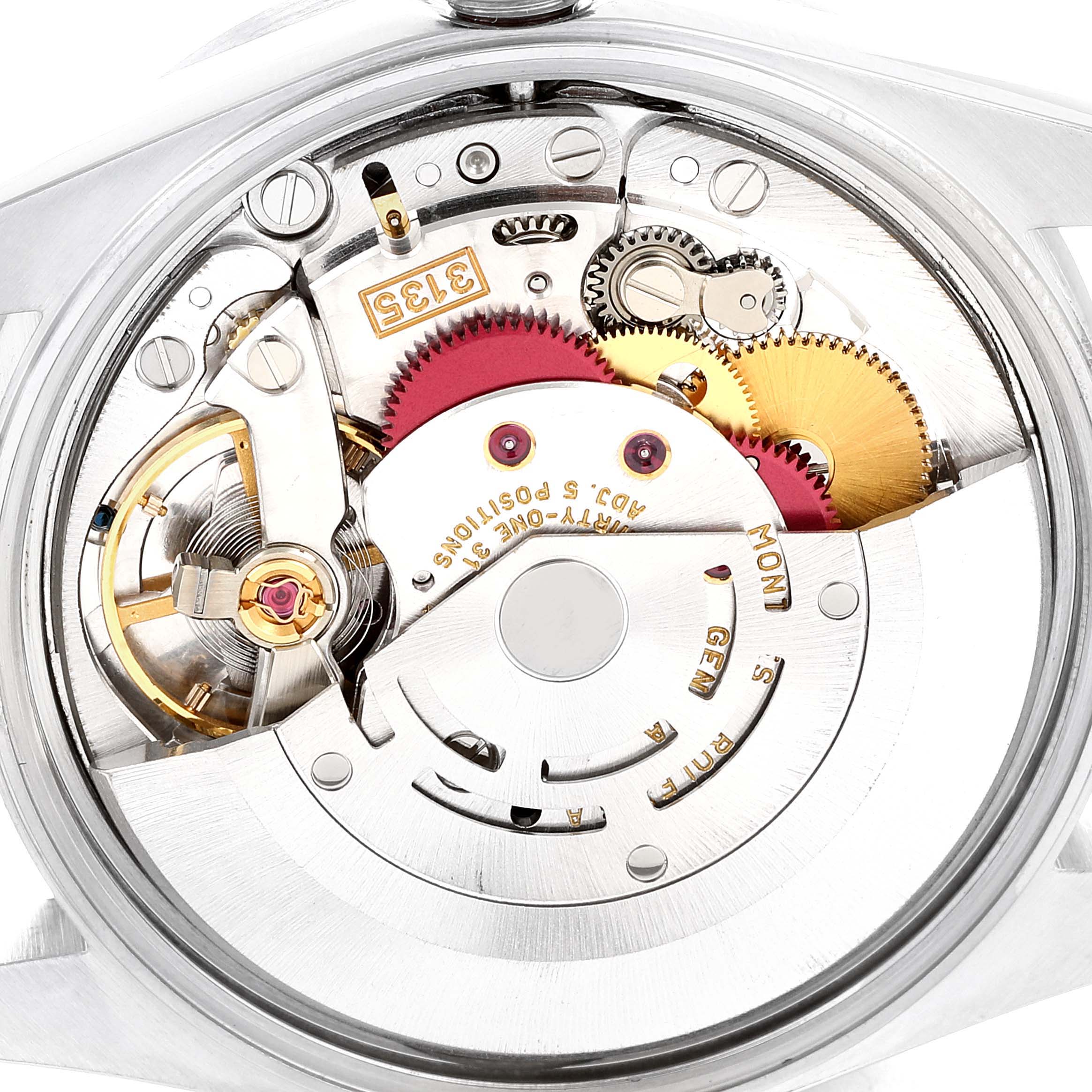 The image shows the internal mechanism of a Rolex Date 15210 Men's Stainless Steel Blue Dial 15210 Men's Stainless Steel Blue Dial model watch from a rear angle, showcasing gears and movement parts.