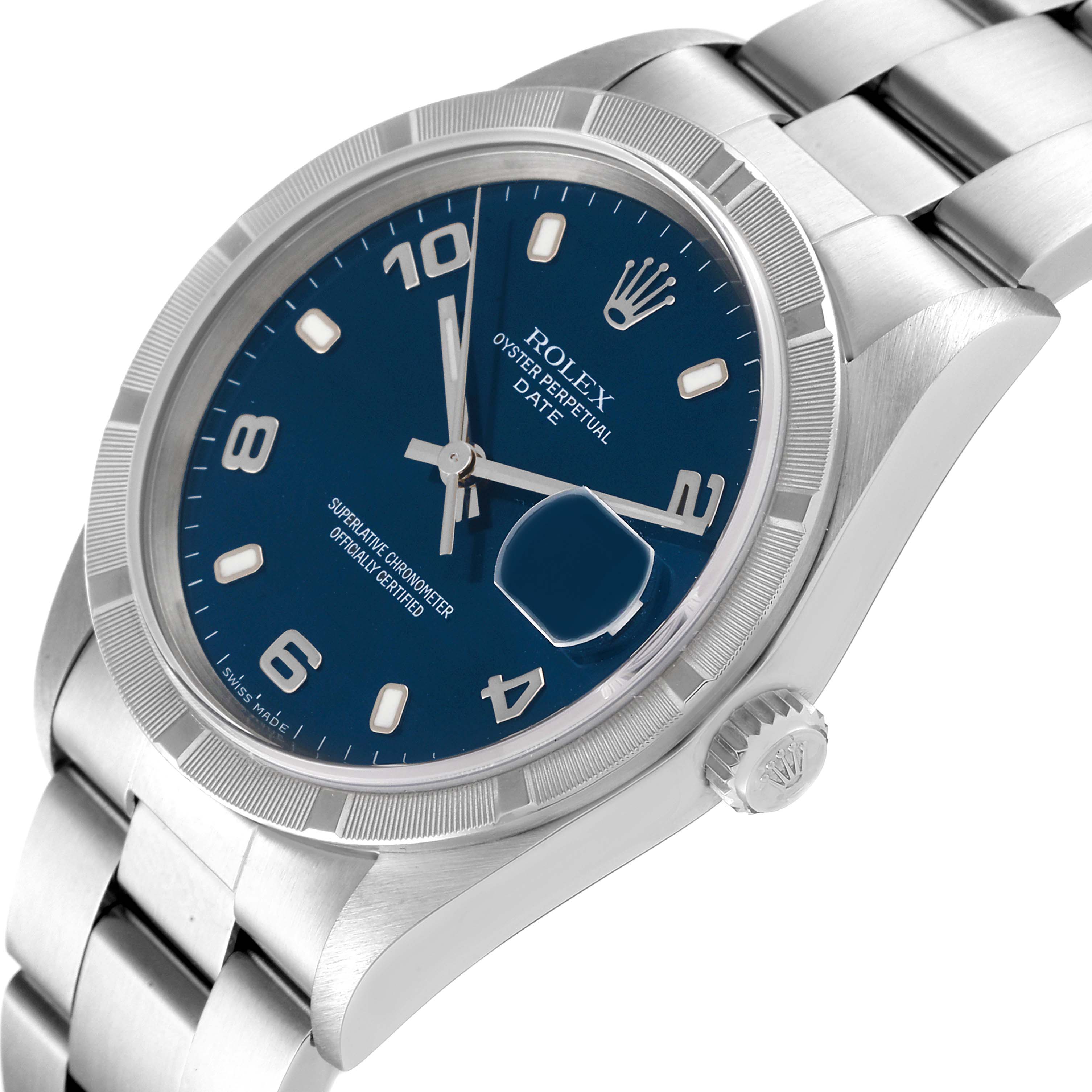 The Rolex Date 15210 Men's Stainless Steel Blue Dial 15210 Men's Stainless Steel Blue Dial watch is shown at a slight angle displaying the dial, crown, and part of the bracelet.