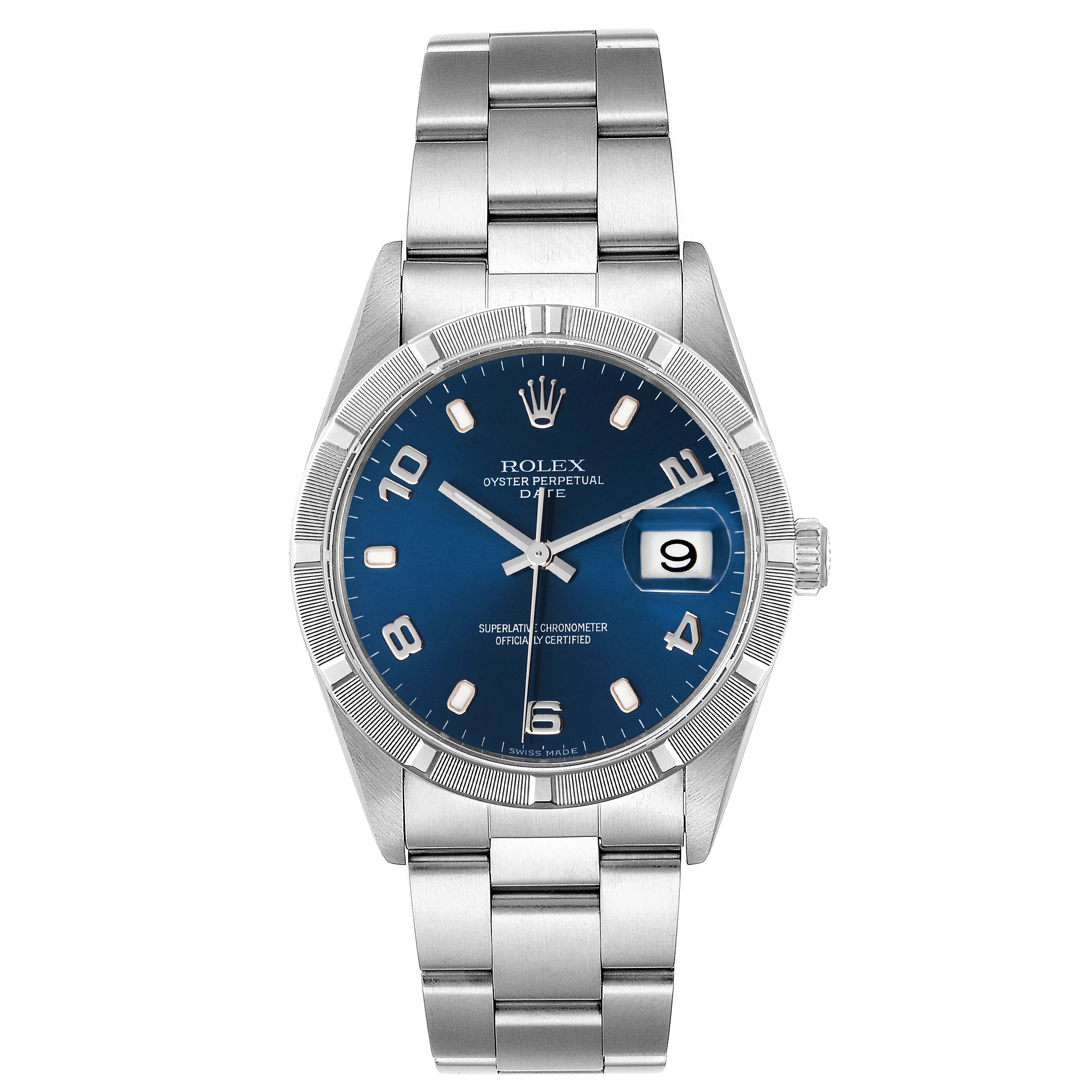 The image shows a front view of a Rolex Oyster Perpetual Date, displaying its blue dial, metal bracelet, and date window.
