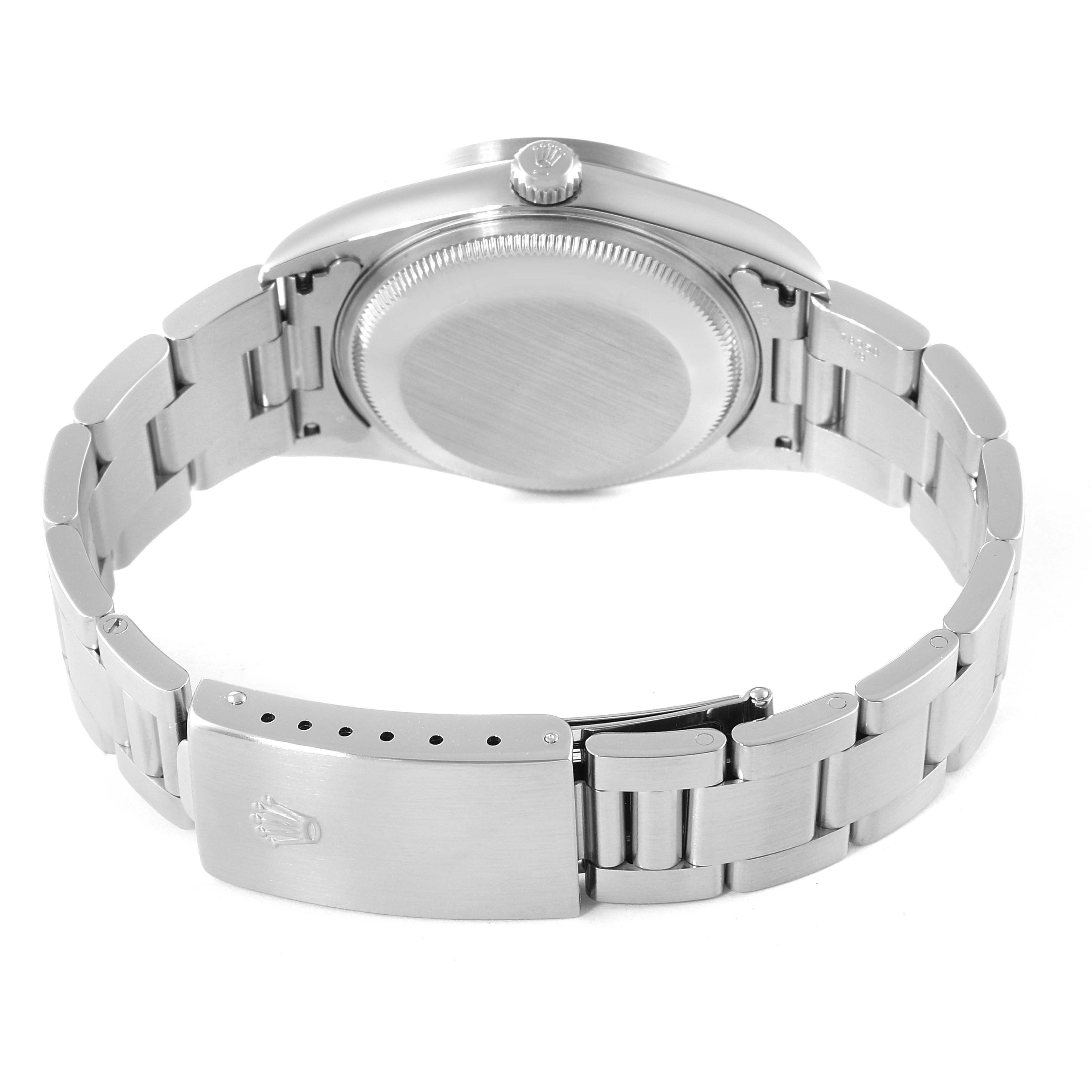 This image shows the back and clasp of a Rolex Date 15210 Men's Stainless Steel Blue Dial 15210 Men's Stainless Steel Blue Dial model watch, highlighting the bracelet and case back.