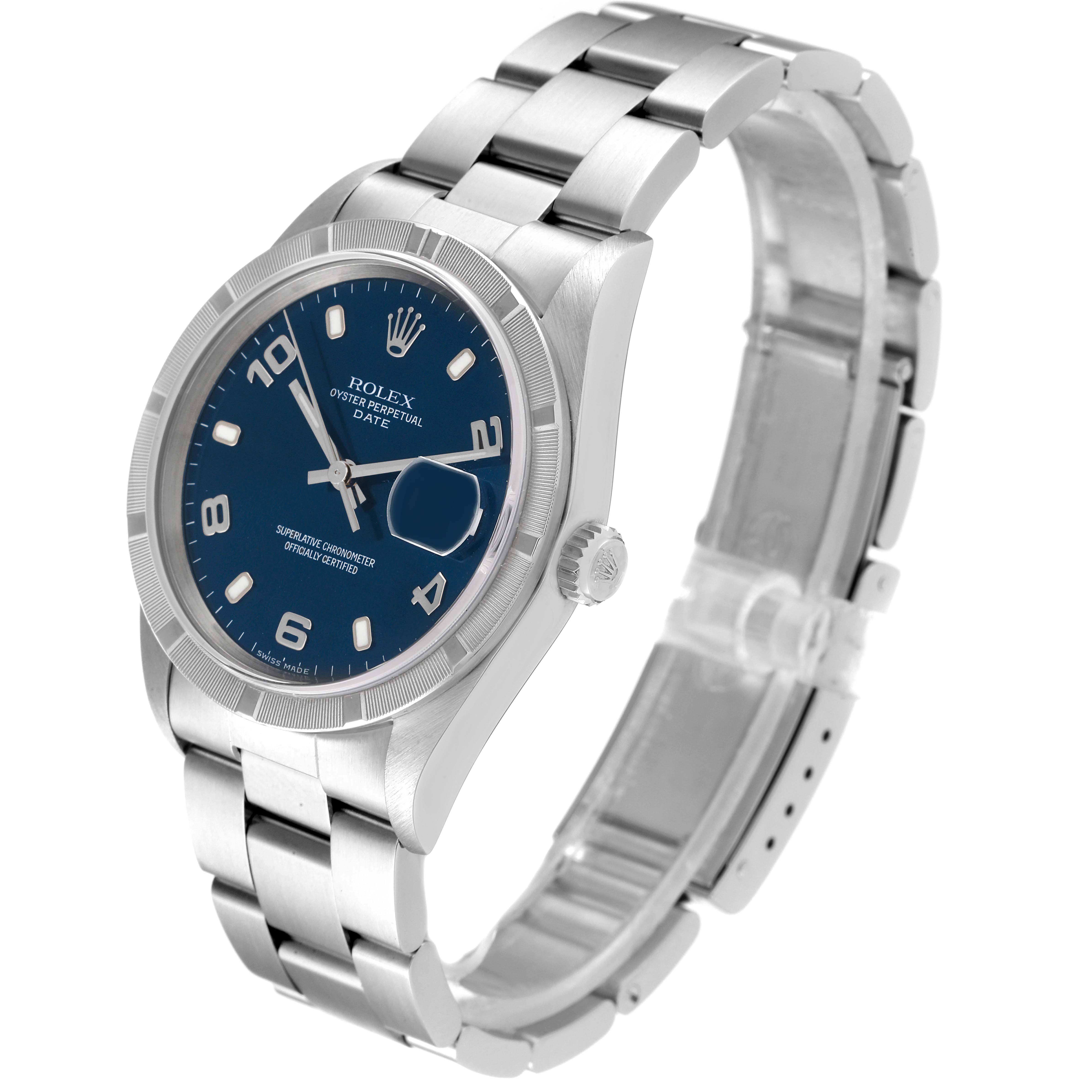 The image shows a Rolex Date 15210 Men's Stainless Steel Blue Dial 15210 Men's Stainless Steel Blue Dial model watch from a front-side angle, displaying its blue dial, stainless steel case, and bracelet.