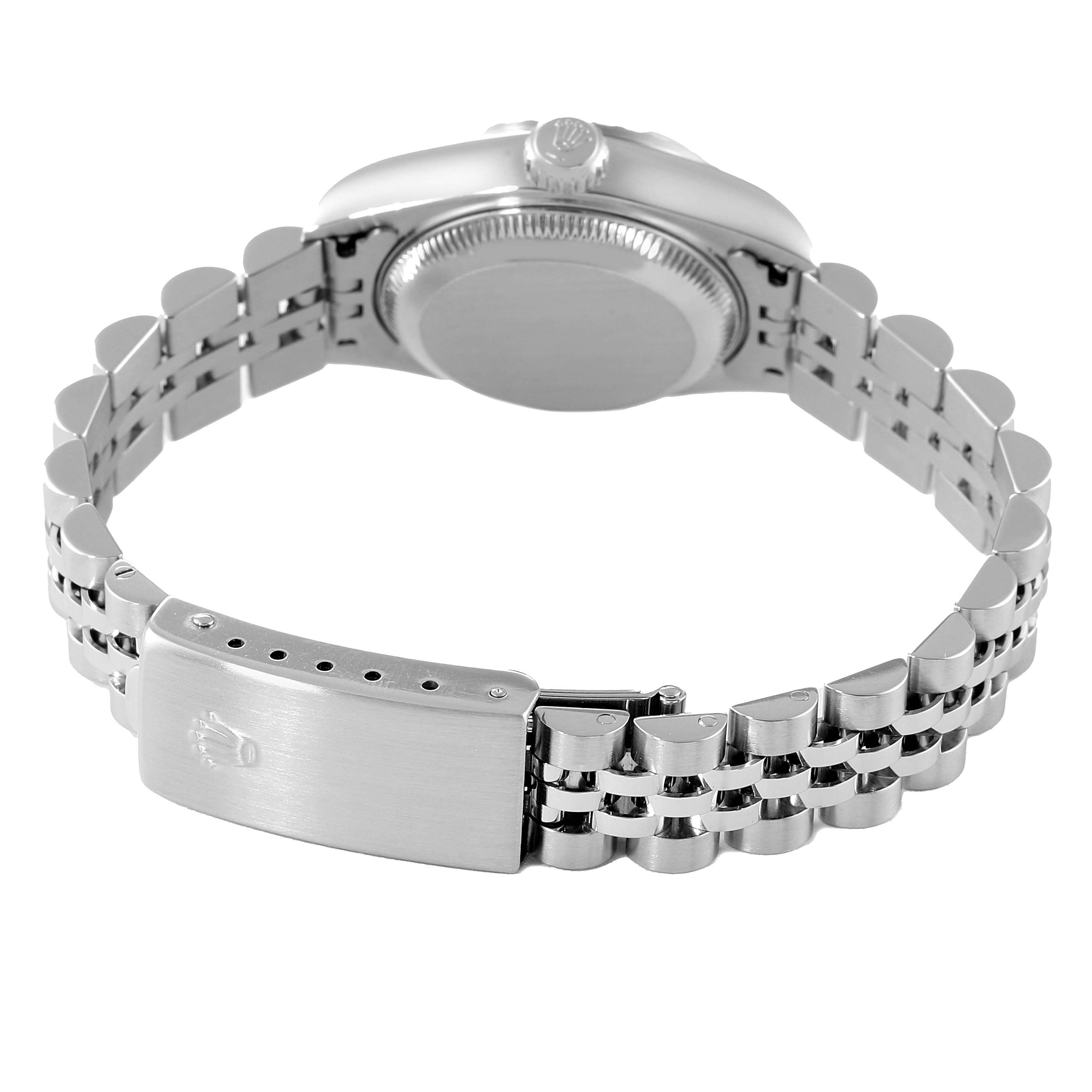 This image shows the back case, crown, and bracelet of a Rolex Date 79240 Women's Stainless Steel Blue Dial 79240 Women's Stainless Steel Blue Dial model watch from a rear angle.