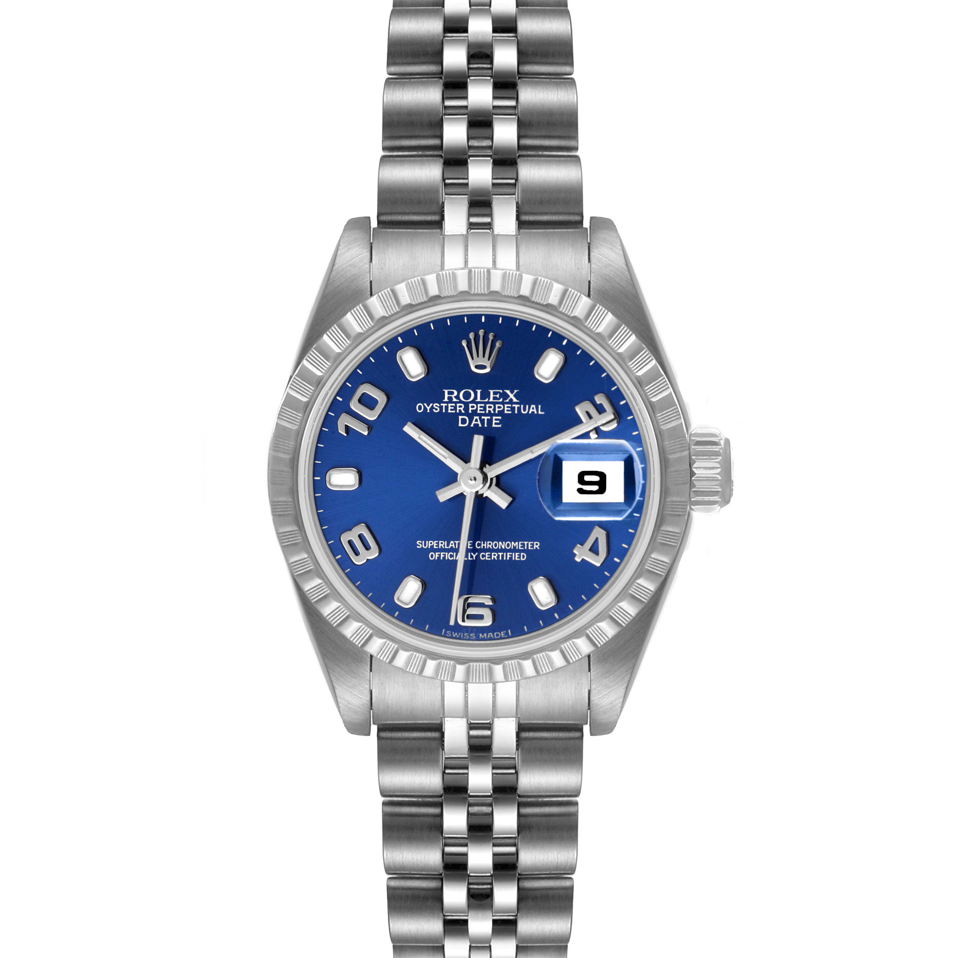 The image shows a Rolex Date 79240 Women's Stainless Steel Blue Dial 79240 Women's Stainless Steel Blue Dial watch with a Jubilee bracelet, blue dial, and a cyclops date magnifier at 3 o'clock, viewed from the front.
