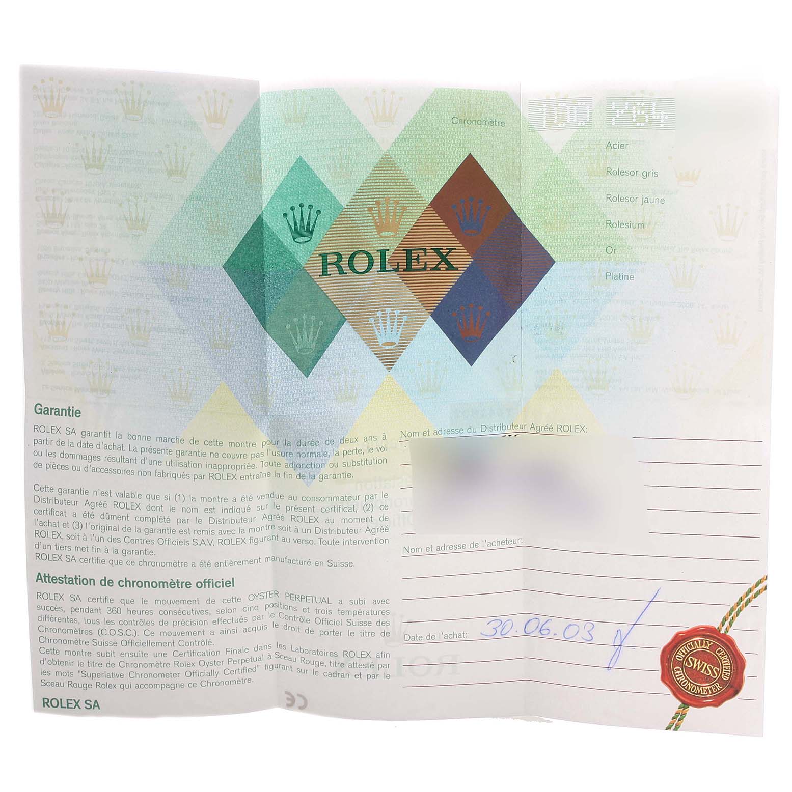 The image shows the warranty certificate for a Rolex Date 79240 Women's Stainless Steel Blue Dial 79240 Women's Stainless Steel Blue Dial model watch.