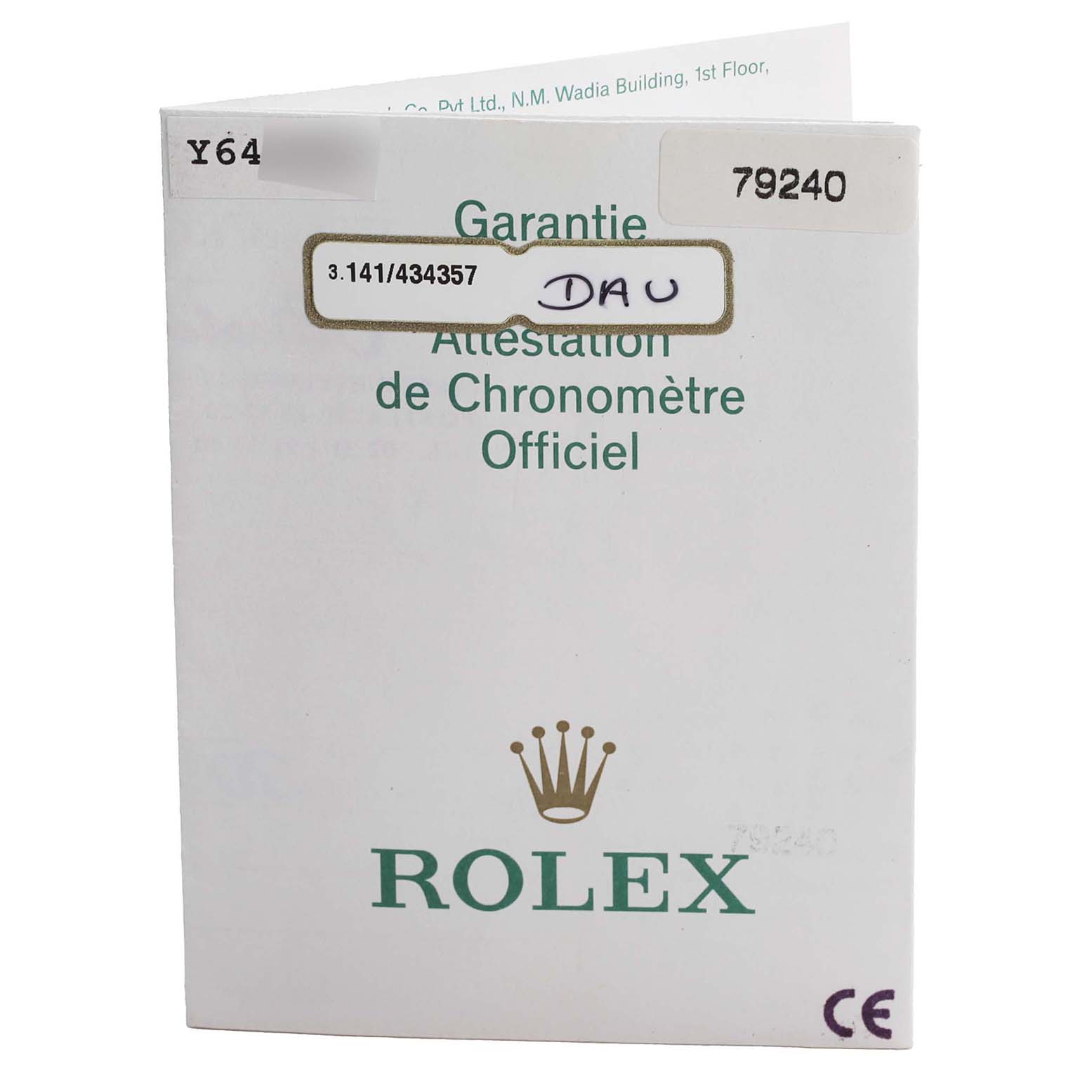 This image shows the warranty paper for the Rolex Date 79240 Women's Stainless Steel Blue Dial 79240 Women's Stainless Steel Blue Dial model watch, displayed from the front.