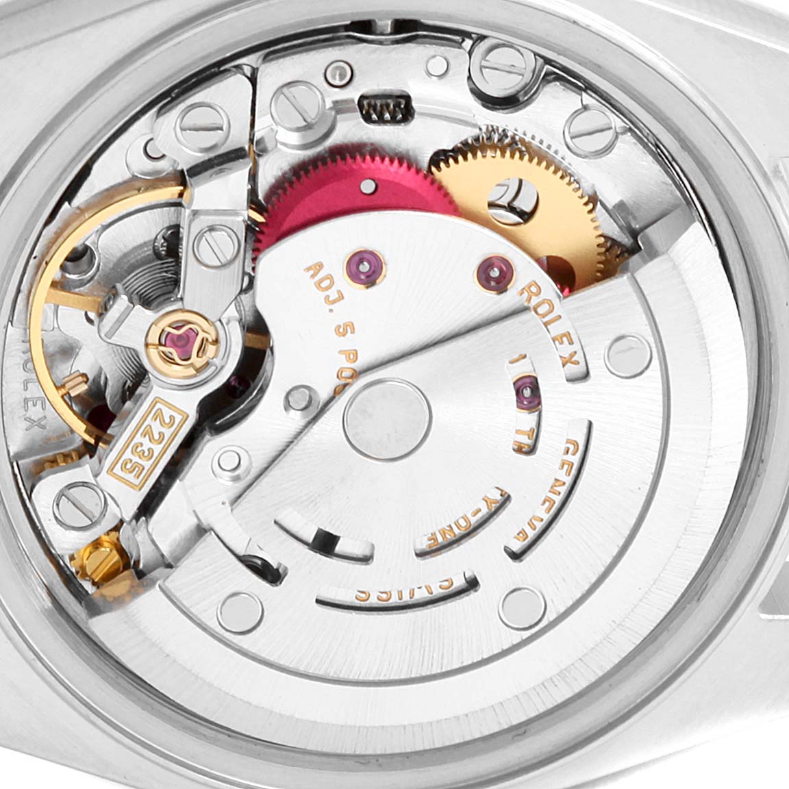 The image shows a close-up of the movement of a Rolex Date 79240 Women's Stainless Steel Blue Dial 79240 Women's Stainless Steel Blue Dial model watch, highlighting its intricate mechanical parts.