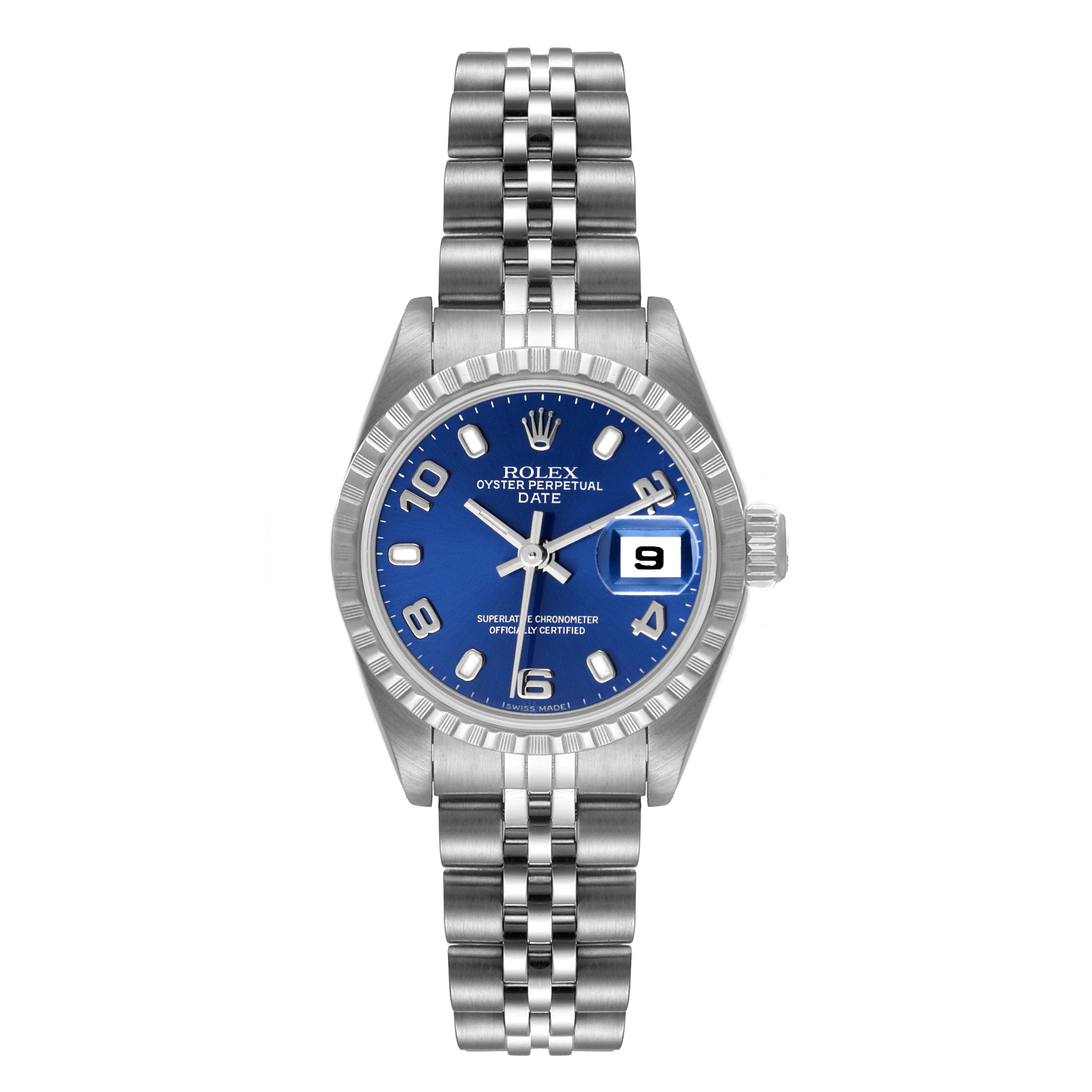 The image shows a Rolex Date 79240 Women's Stainless Steel Blue Dial 79240 Women's Stainless Steel Blue Dial model watch from a straight-on angle, featuring the face, bezel, crown, and bracelet.