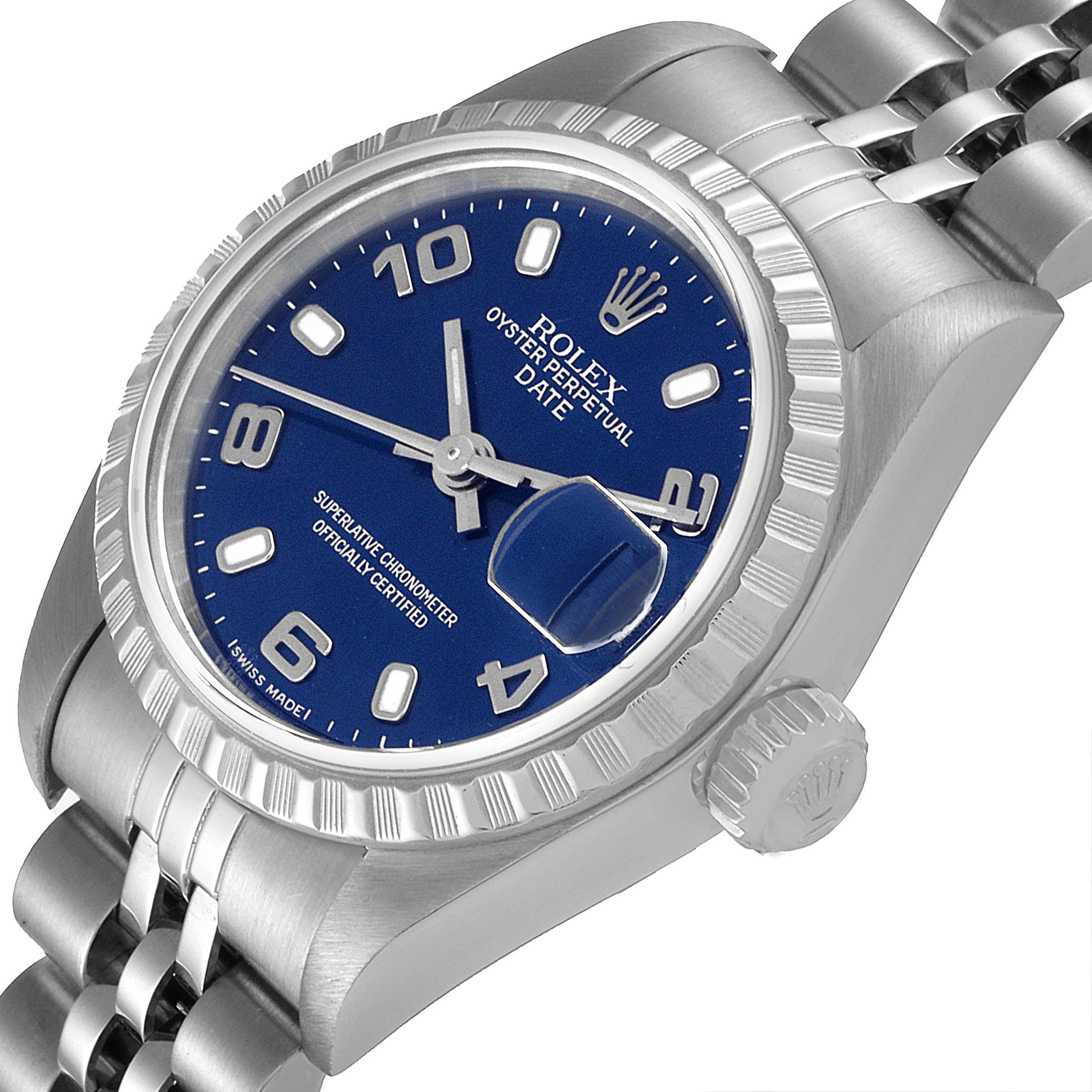 The image shows a Rolex Date 79240 Women's Stainless Steel Blue Dial 79240 Women's Stainless Steel Blue Dial model watch at an angle showcasing the dial, crown, and part of the bracelet.