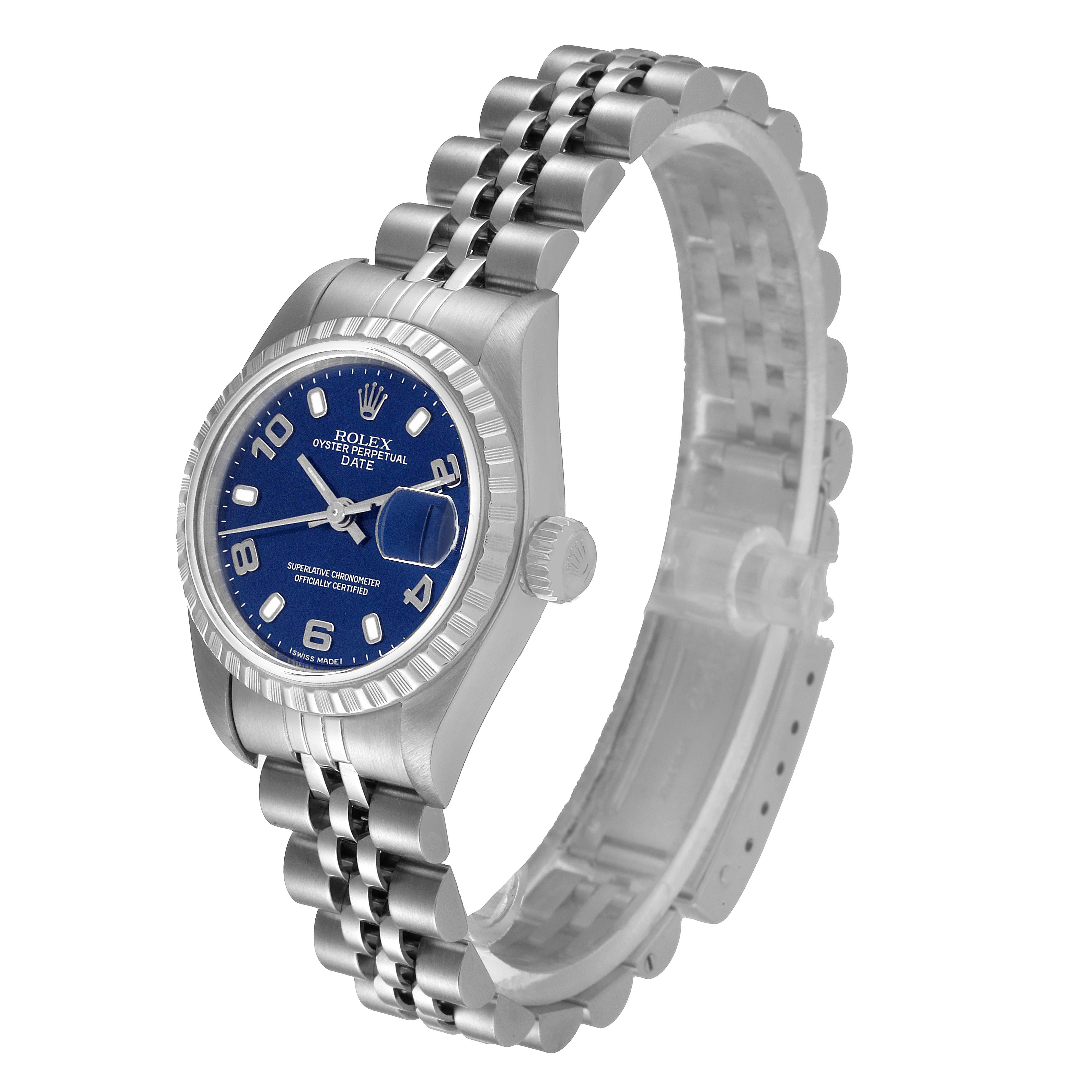 The image shows a side angle of the Rolex Date 79240 Women's Stainless Steel Blue Dial 79240 Women's Stainless Steel Blue Dial model watch with a blue dial and a jubilee bracelet.
