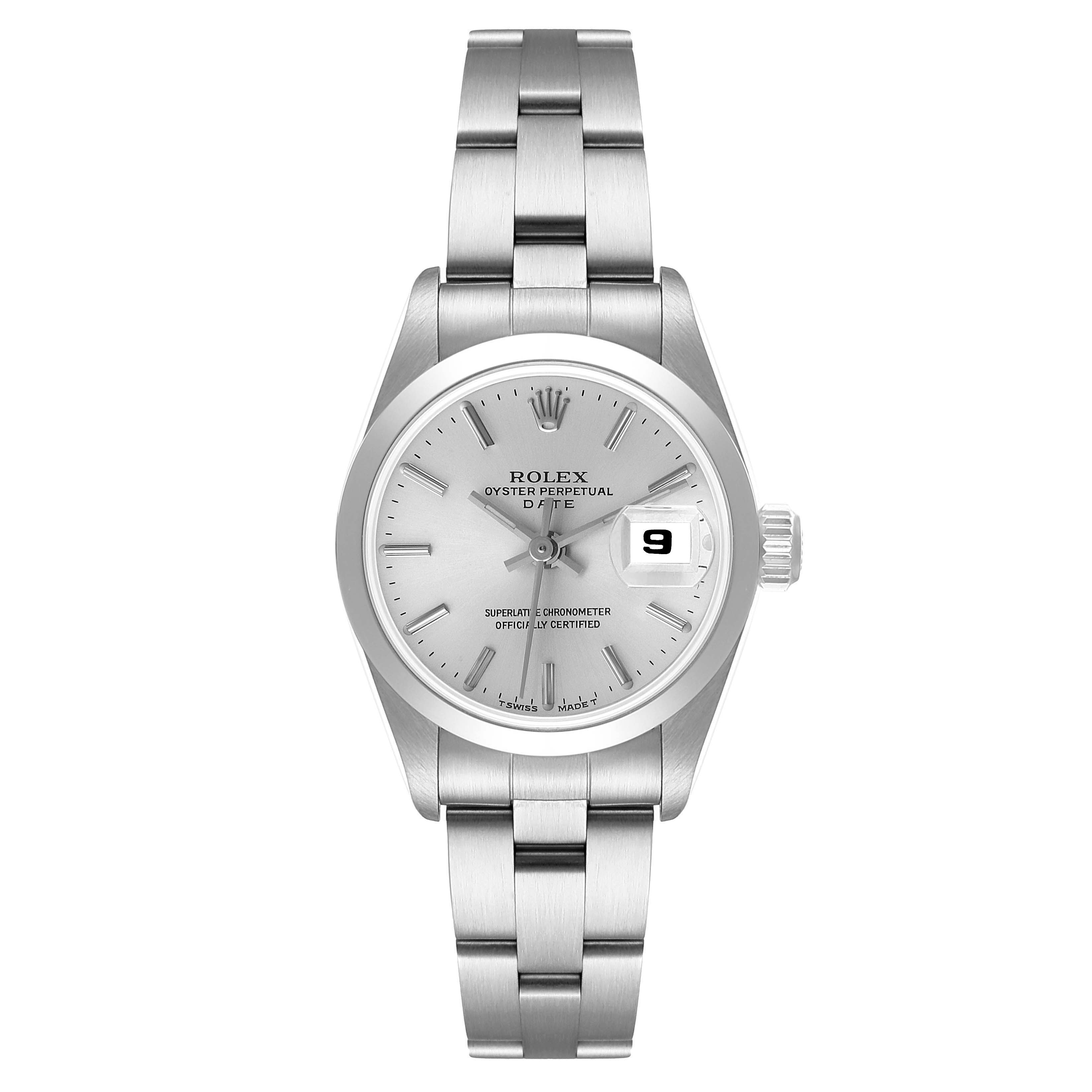 The image shows a front view of a Rolex Date 69160 Women
s Stainless Steel Silver Dial 69160 Women
s Stainless Steel Silver Dial model watch, displaying its silver dial, bracelet, and date window at 3 o
clock.