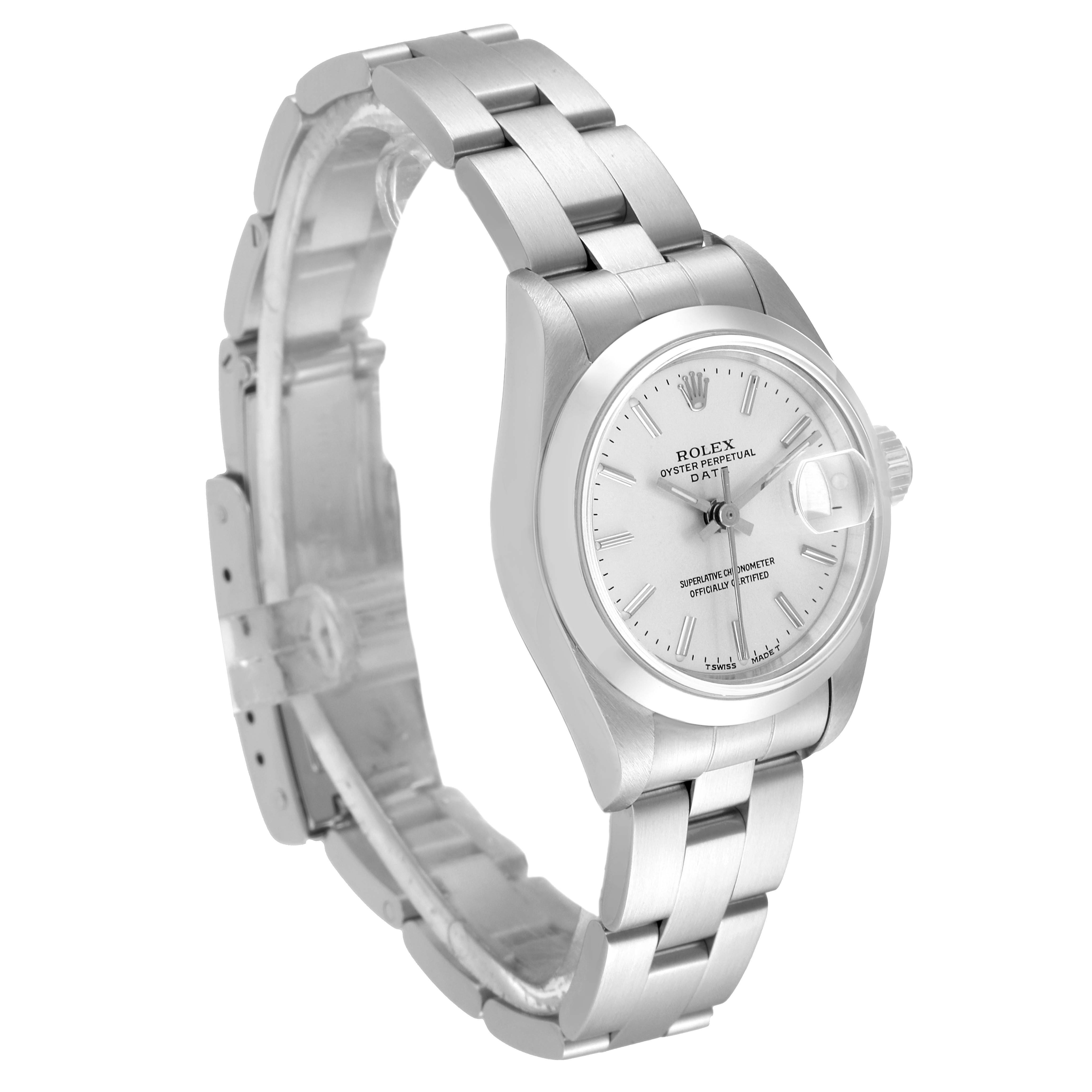 The image shows a side angle of a Rolex Date 69160 Women
s Stainless Steel Silver Dial 69160 Women
s Stainless Steel Silver Dial model watch, highlighting its face, bezel, and metal bracelet.