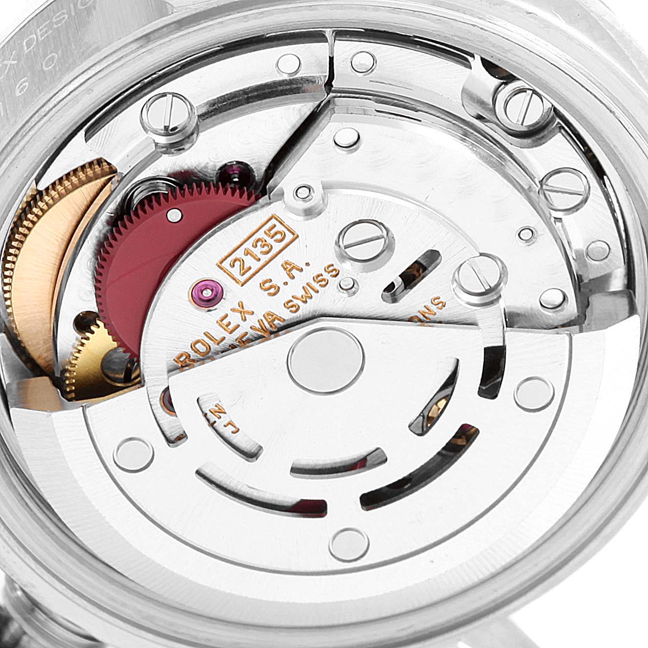 This is a close-up view of the movement inside a Rolex Date 69160 Women
s Stainless Steel Silver Dial 69160 Women
s Stainless Steel Silver Dial model watch, showing gears and mechanical components.