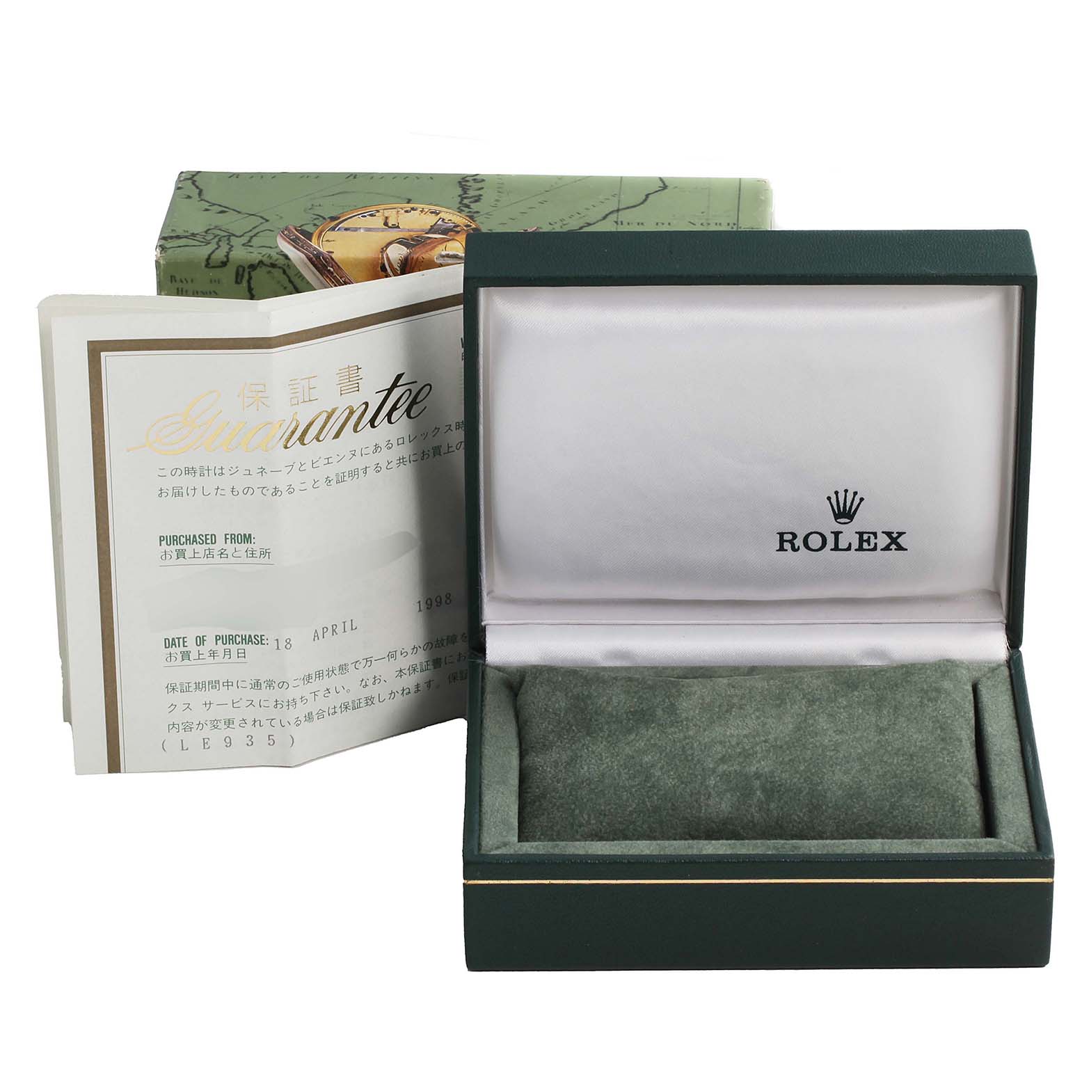 This image shows a Rolex Date 69160 Women
s Stainless Steel Silver Dial 69160 Women
s Stainless Steel Silver Dial model
s open green watch box with a certificate of guarantee booklet next to it.