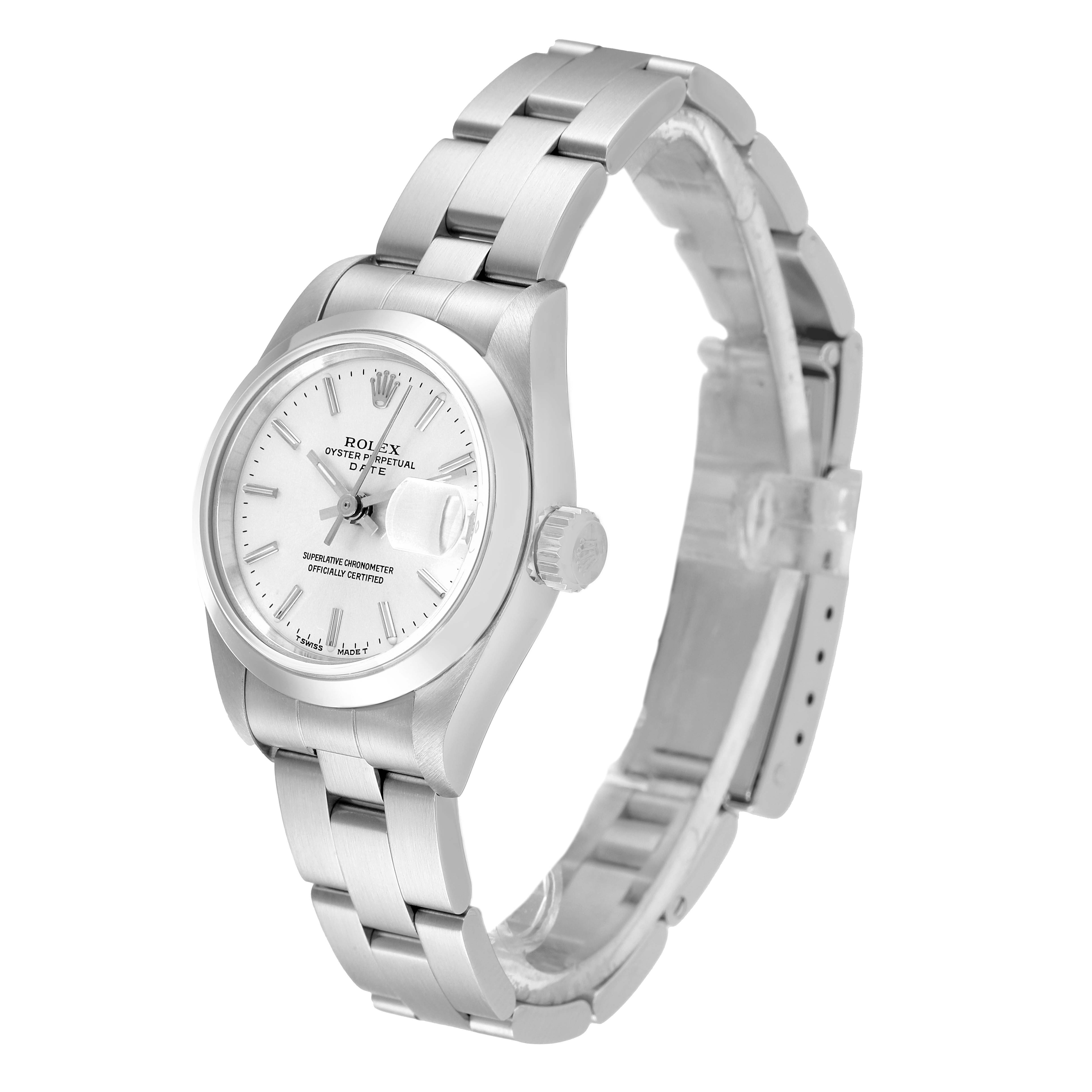 The Rolex Date 69160 Women
s Stainless Steel Silver Dial 69160 Women
s Stainless Steel Silver Dial model watch is shown at a three-quarter angle, highlighting its dial, bezel, crown, and bracelet.