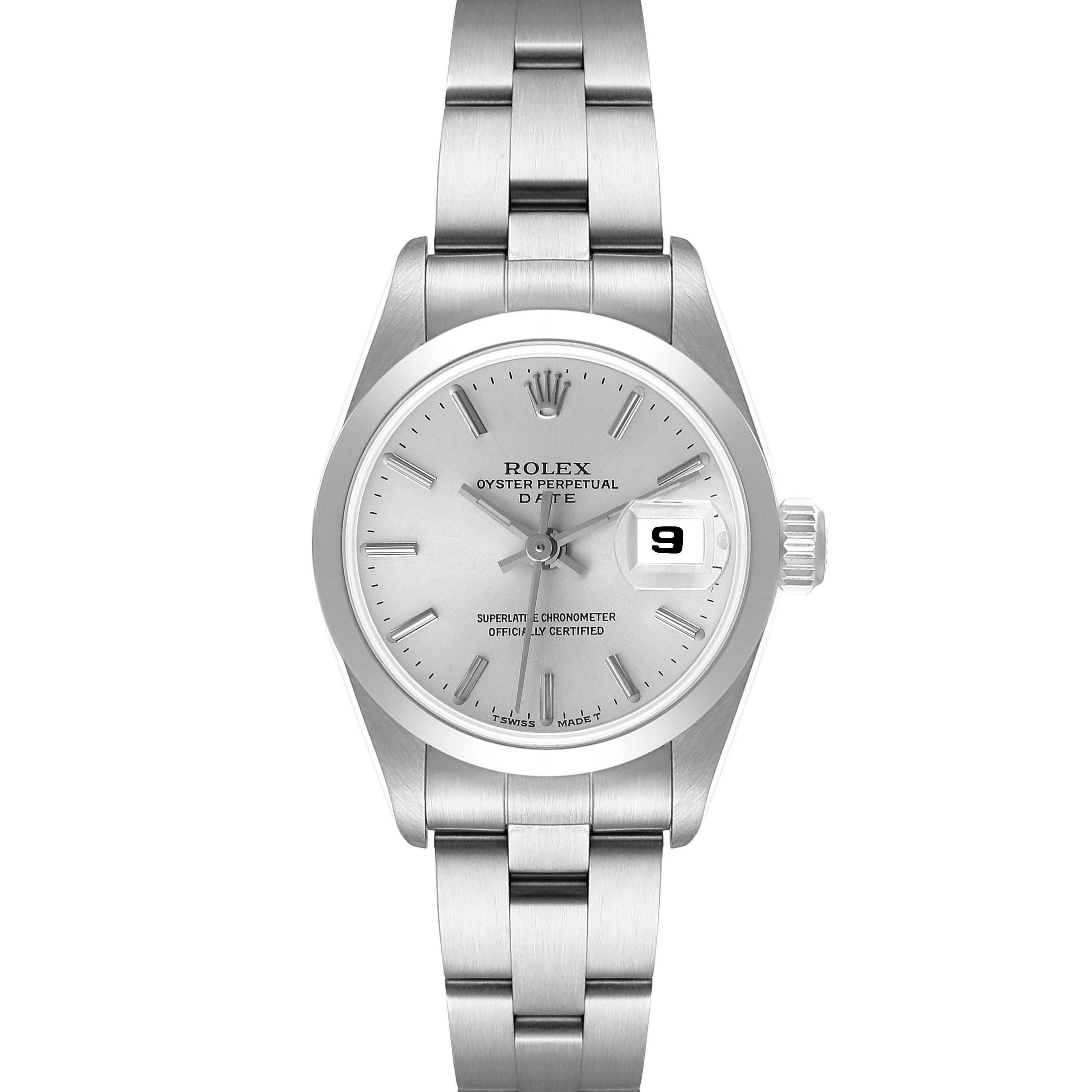This image shows a front view of the Rolex Date 69160 Women
s Stainless Steel Silver Dial 69160 Women
s Stainless Steel Silver Dial model watch, highlighting the dial, hands, date window, and bracelet.