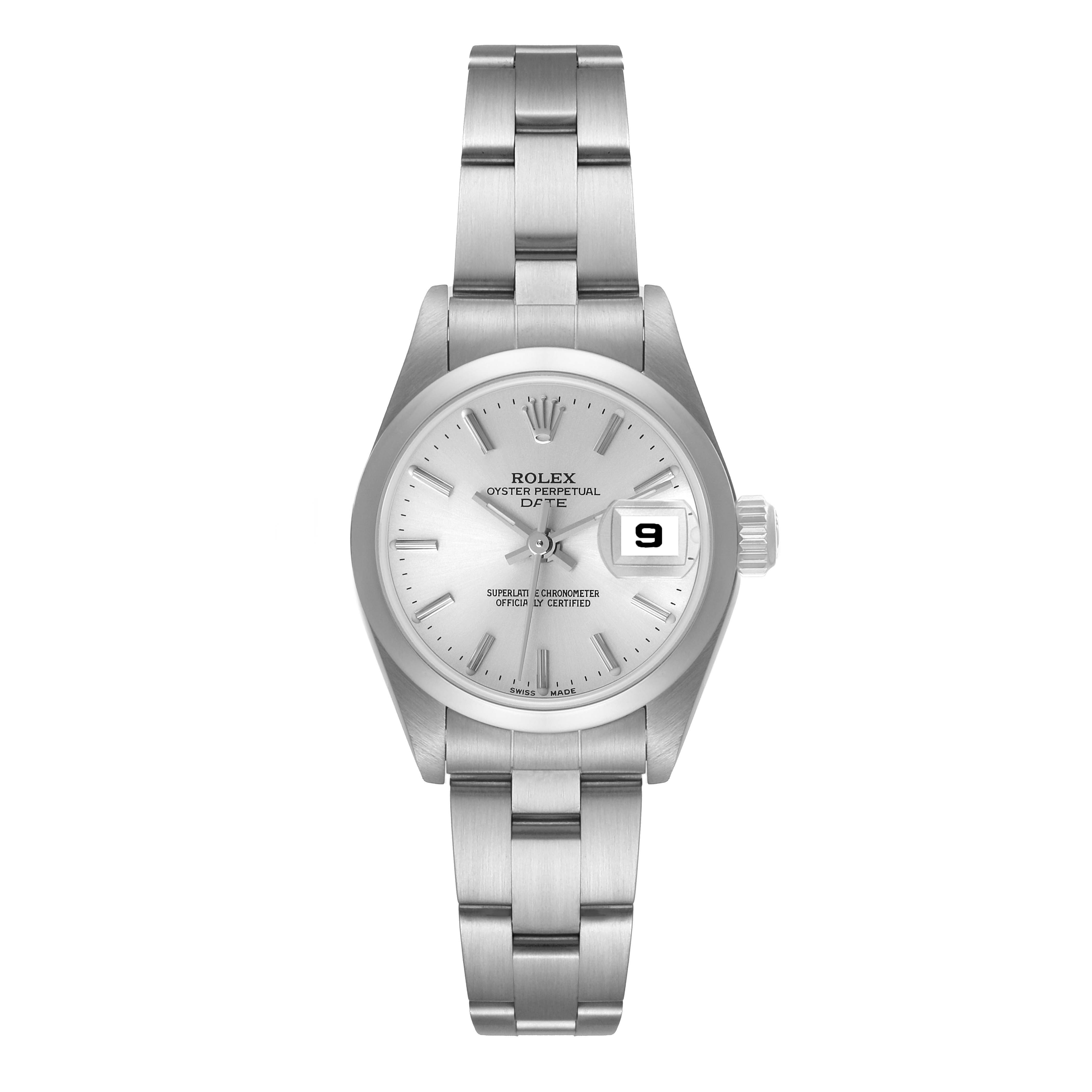 The image shows a frontal view of a Rolex Date 79160 Women's Stainless Steel Silver Dial 79160 Women's Stainless Steel Silver Dial model watch, displaying the face, dial, and bracelet.
