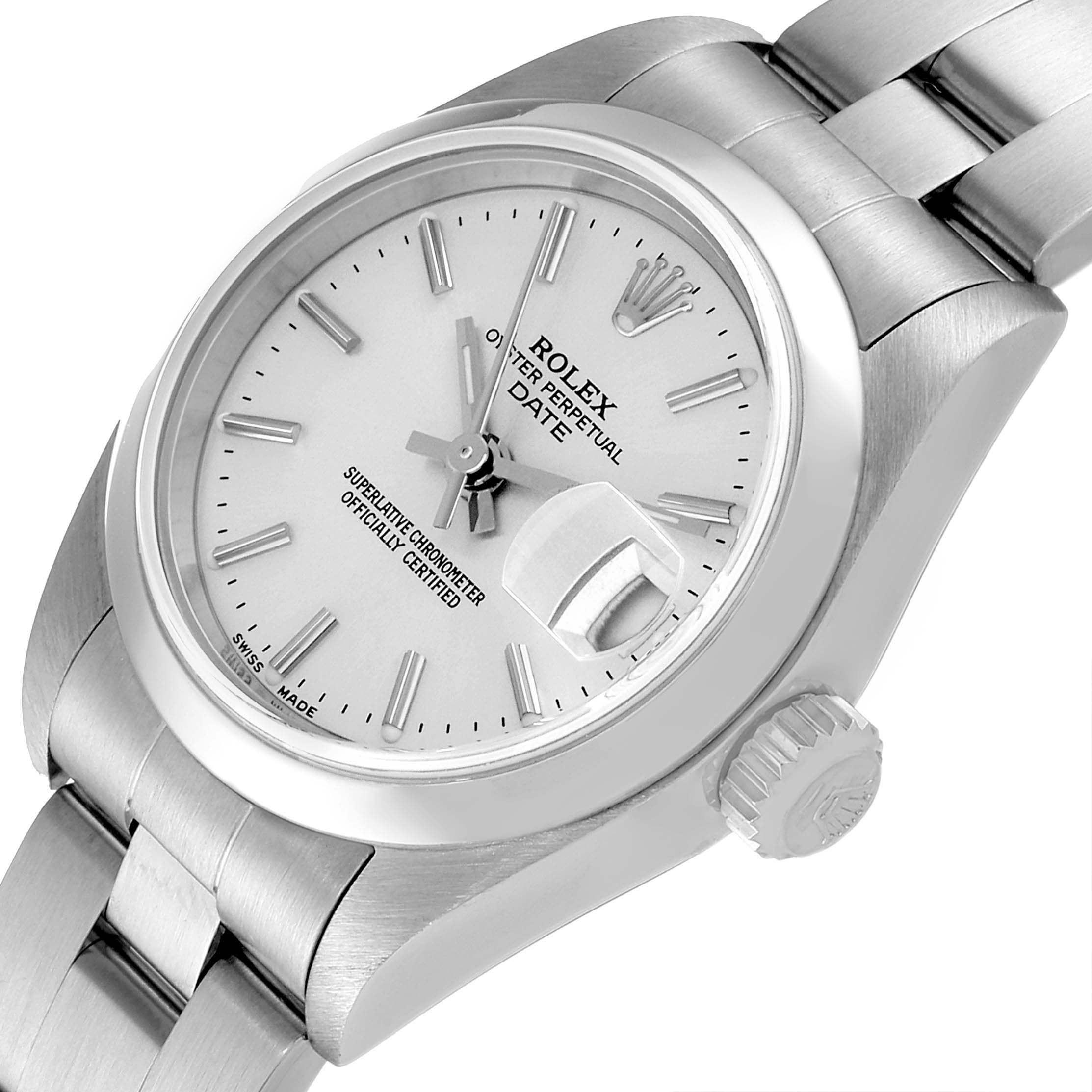 The image shows a close-up angle of the Rolex Date 79160 Women's Stainless Steel Silver Dial 79160 Women's Stainless Steel Silver Dial model watch, highlighting its face, bezel, crown, and part of the bracelet.