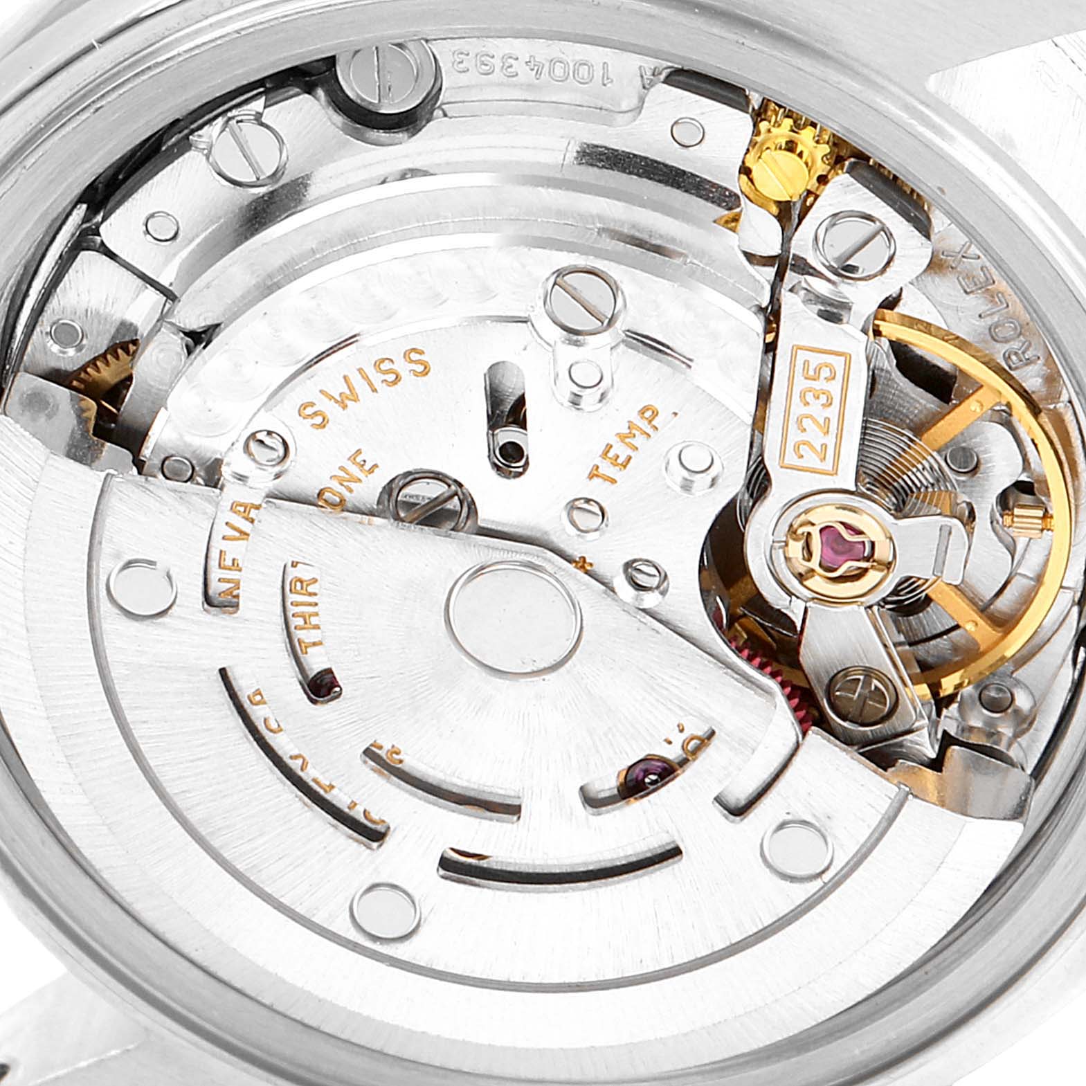 This image shows the intricate movement mechanism of a Rolex Date 79160 Women's Stainless Steel Silver Dial 79160 Women's Stainless Steel Silver Dial model watch, viewed from the back.