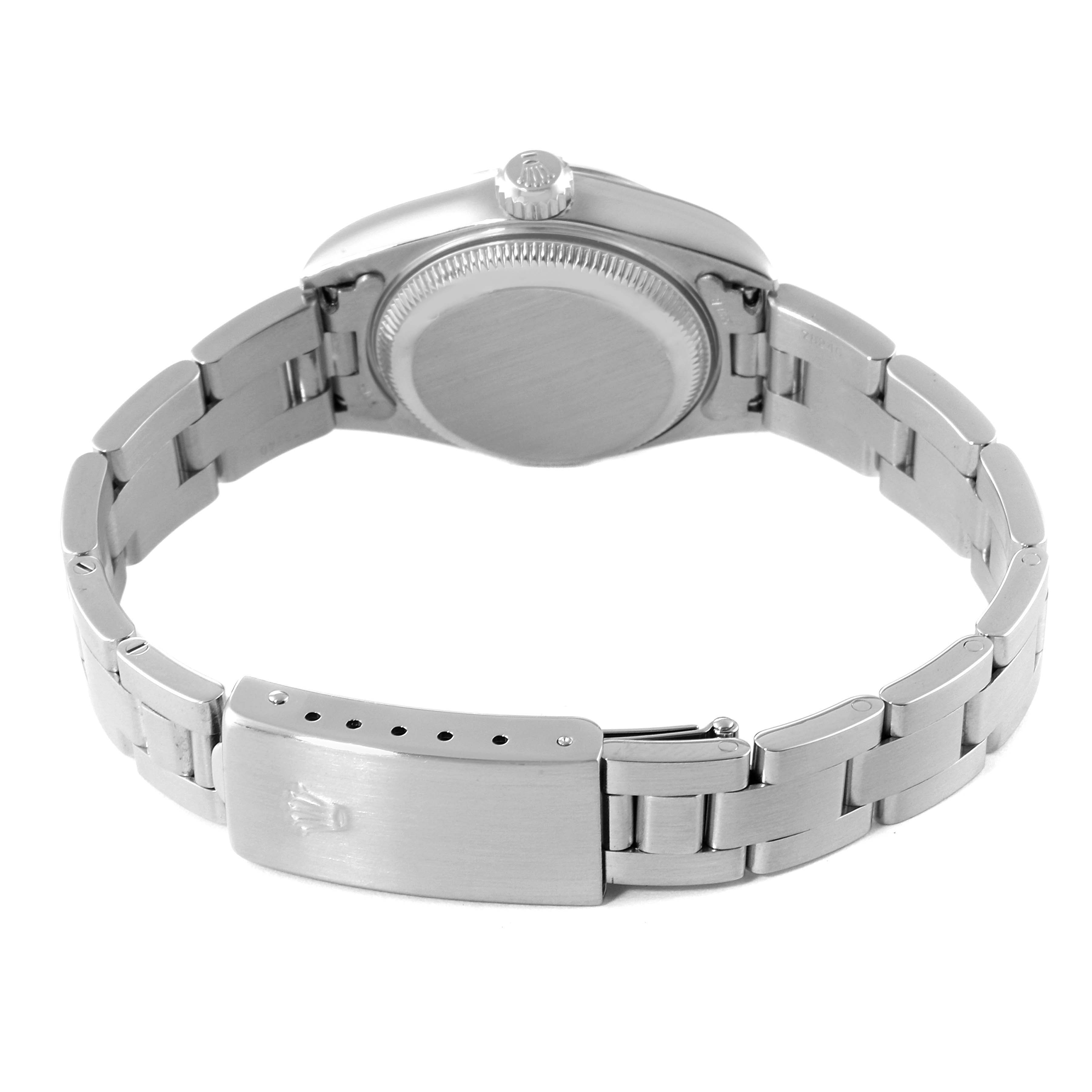 This is a rear view of a Rolex Date 79160 Women's Stainless Steel Silver Dial 79160 Women's Stainless Steel Silver Dial model showing the clasp, bracelet, and back of the watch case.