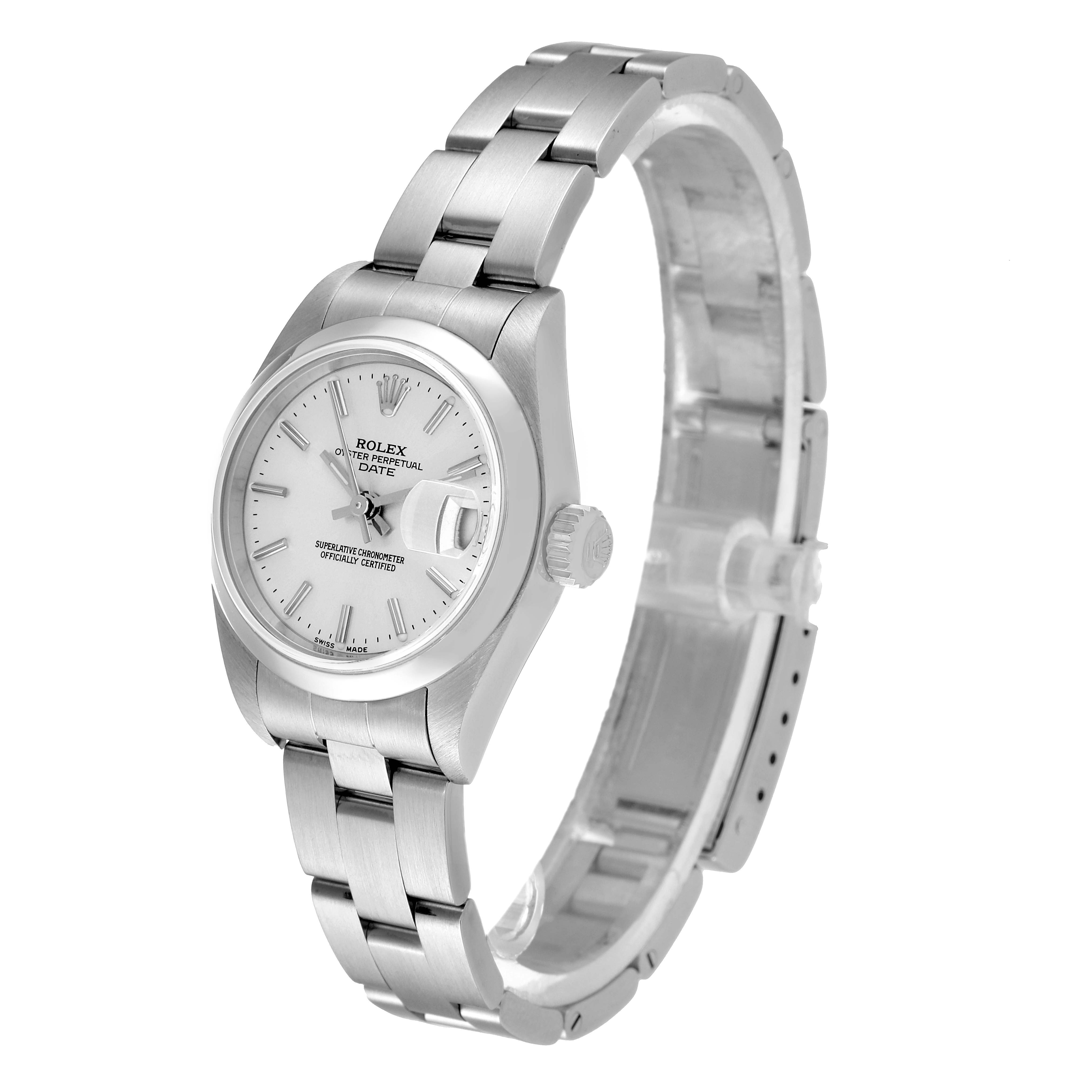 The image shows a Rolex Date 79160 Women's Stainless Steel Silver Dial 79160 Women's Stainless Steel Silver Dial model watch at an angle highlighting the face, case, crown, and bracelet.