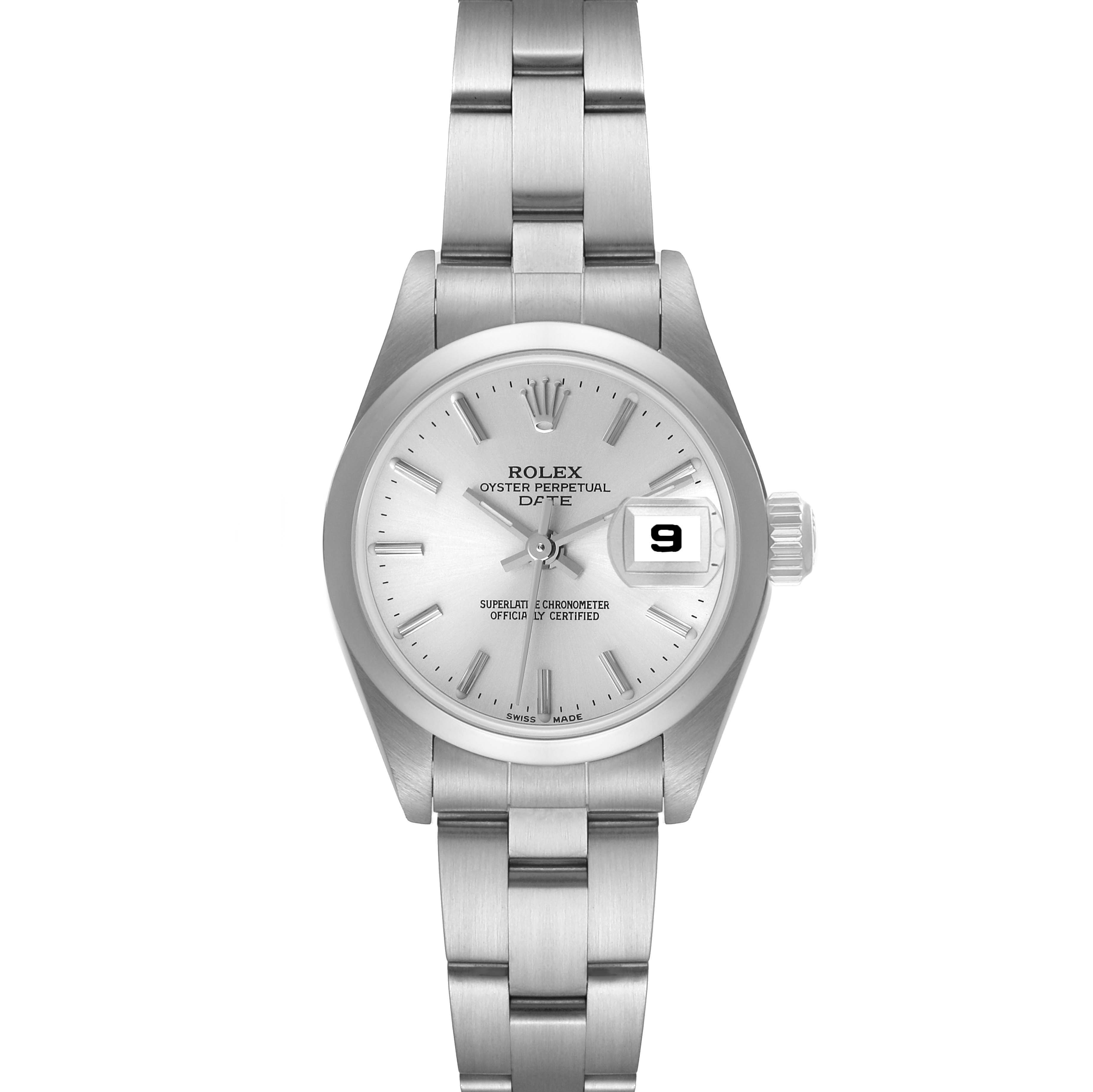 The image shows a front view of the Rolex Date 79160 Women's Stainless Steel Silver Dial 79160 Women's Stainless Steel Silver Dial model watch, displaying the dial, bracelet, and date window.