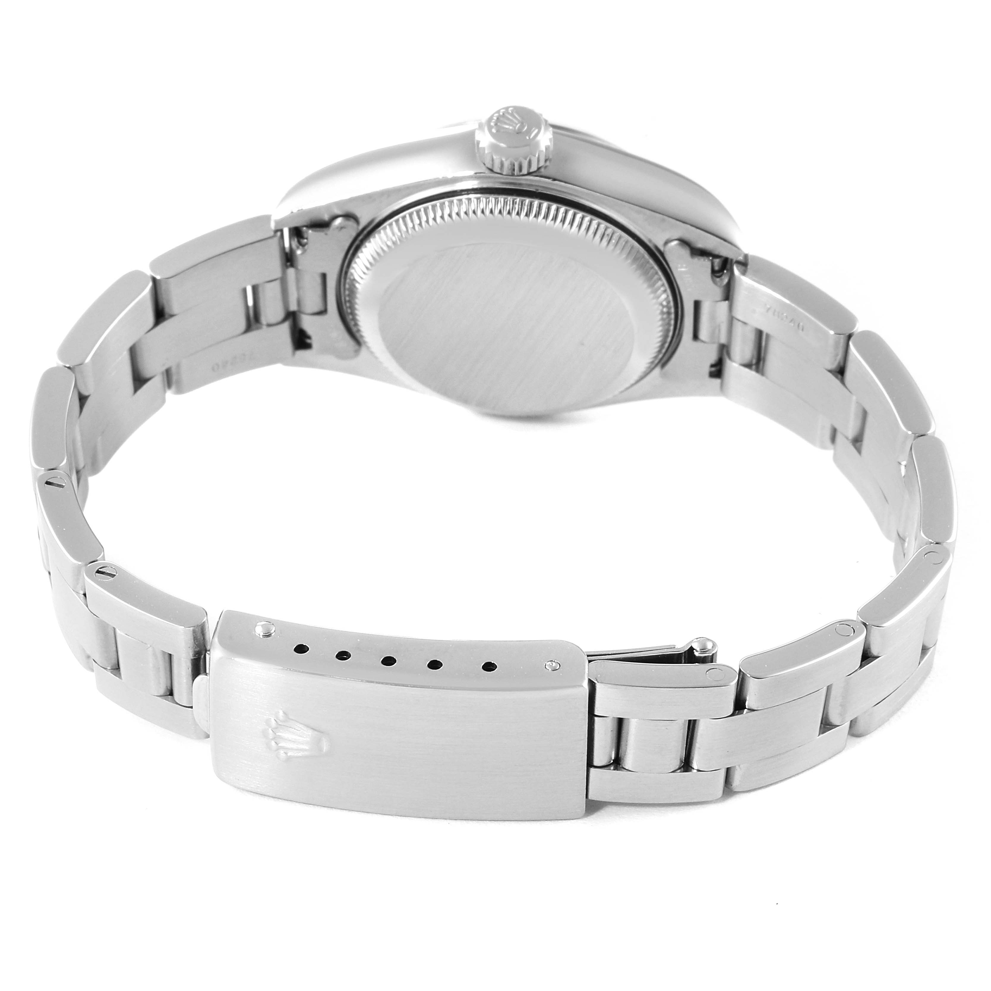 The image displays the back case, crown, and bracelet clasp of the Rolex Date 79160 Women's Stainless Steel Silver Dial 79160 Women's Stainless Steel Silver Dial model watch.