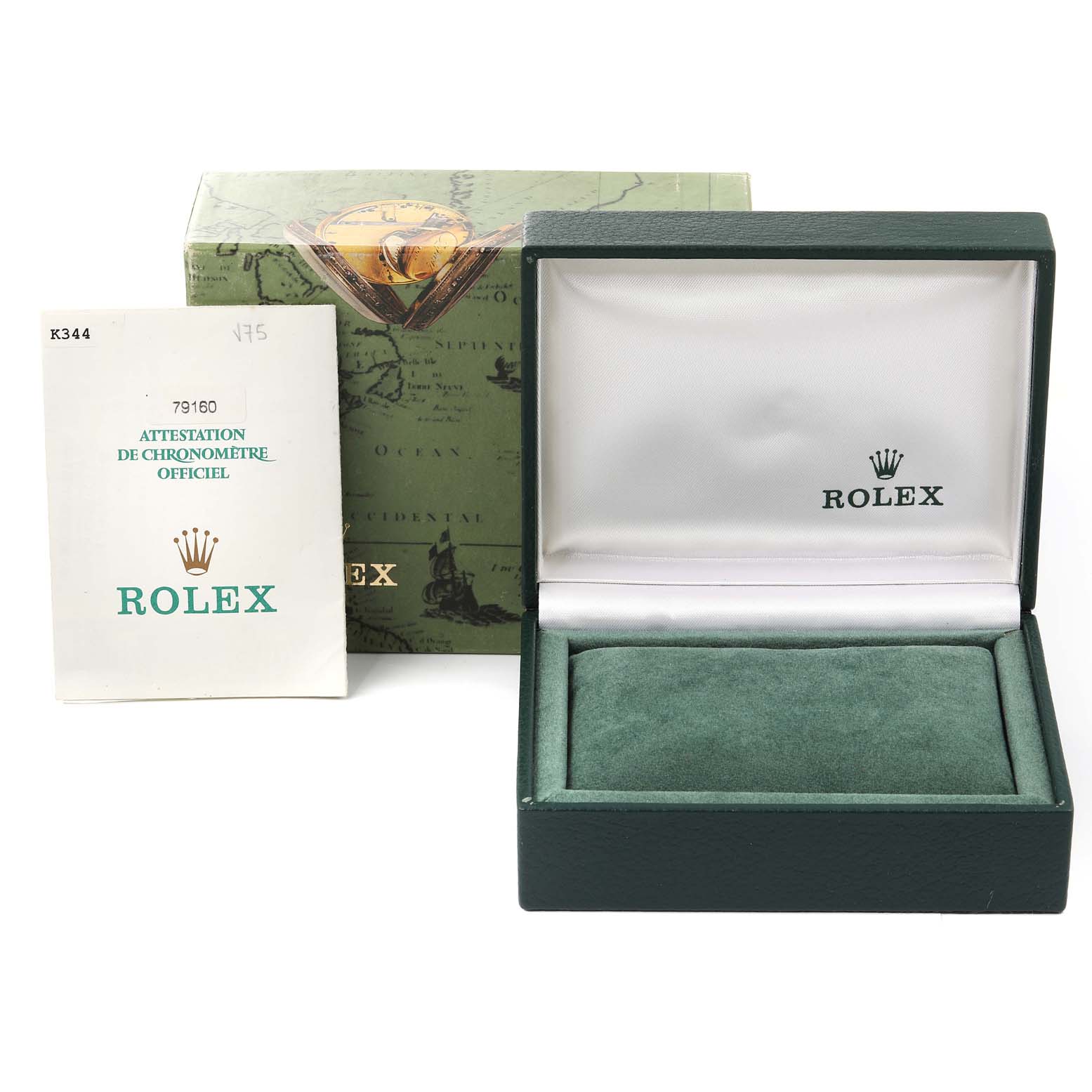 The image shows a Rolex Date 79160 Women's Stainless Steel Silver Dial 79160 Women's Stainless Steel Silver Dial model's presentation box, outer box, and certification booklet.