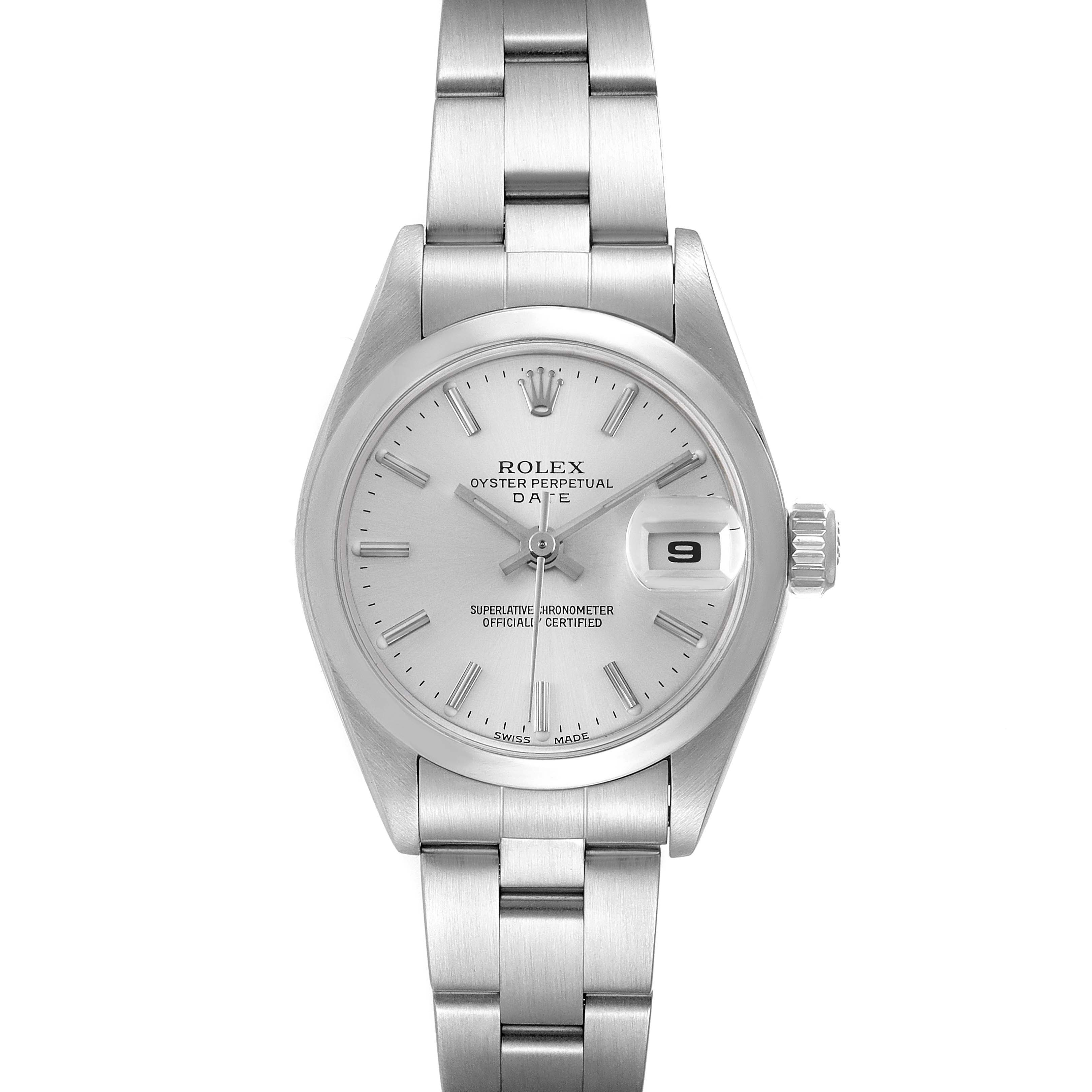 The image shows a front view of the Rolex Oyster Perpetual Date model, displaying the dial, bezel, crown, and bracelet.