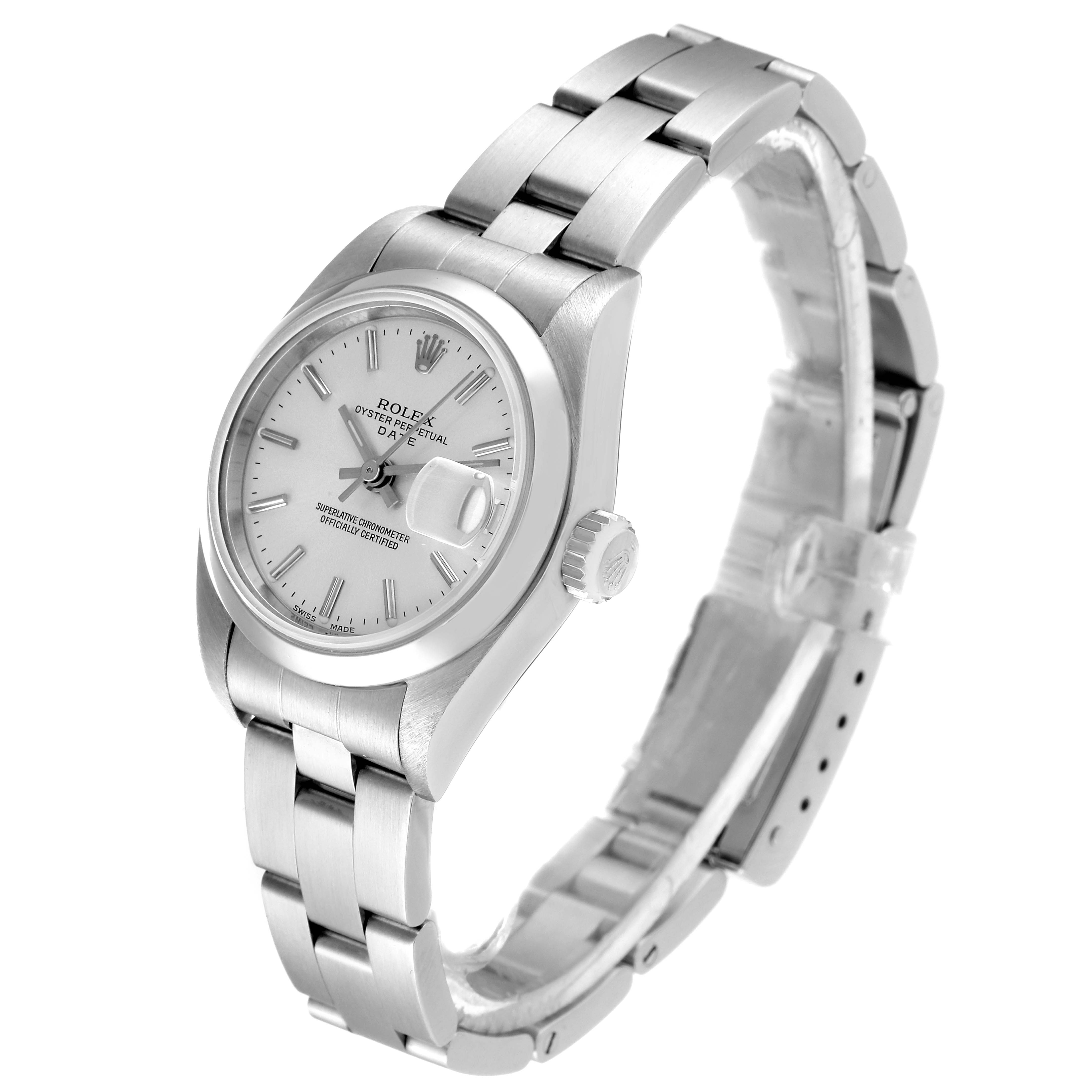 This image shows a Rolex Date 79160 Women's Stainless Steel Silver Dial 79160 Women's Stainless Steel Silver Dial model watch angled from the right, highlighting the watch face, crown, and stainless steel bracelet.