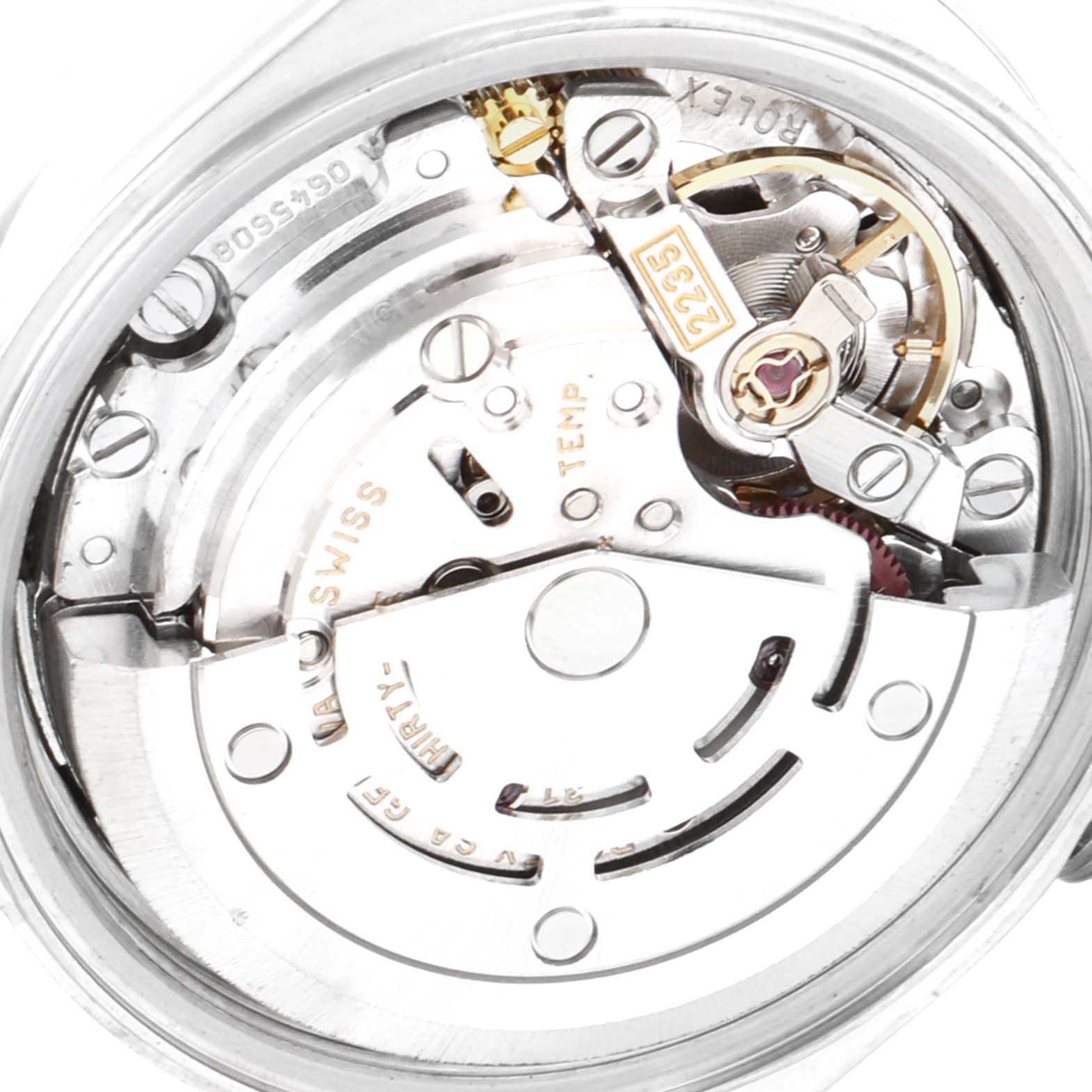 This image shows an internal view of a Rolex Date 79160 Women's Stainless Steel Silver Dial 79160 Women's Stainless Steel Silver Dial model watch mechanism from a top-down angle.