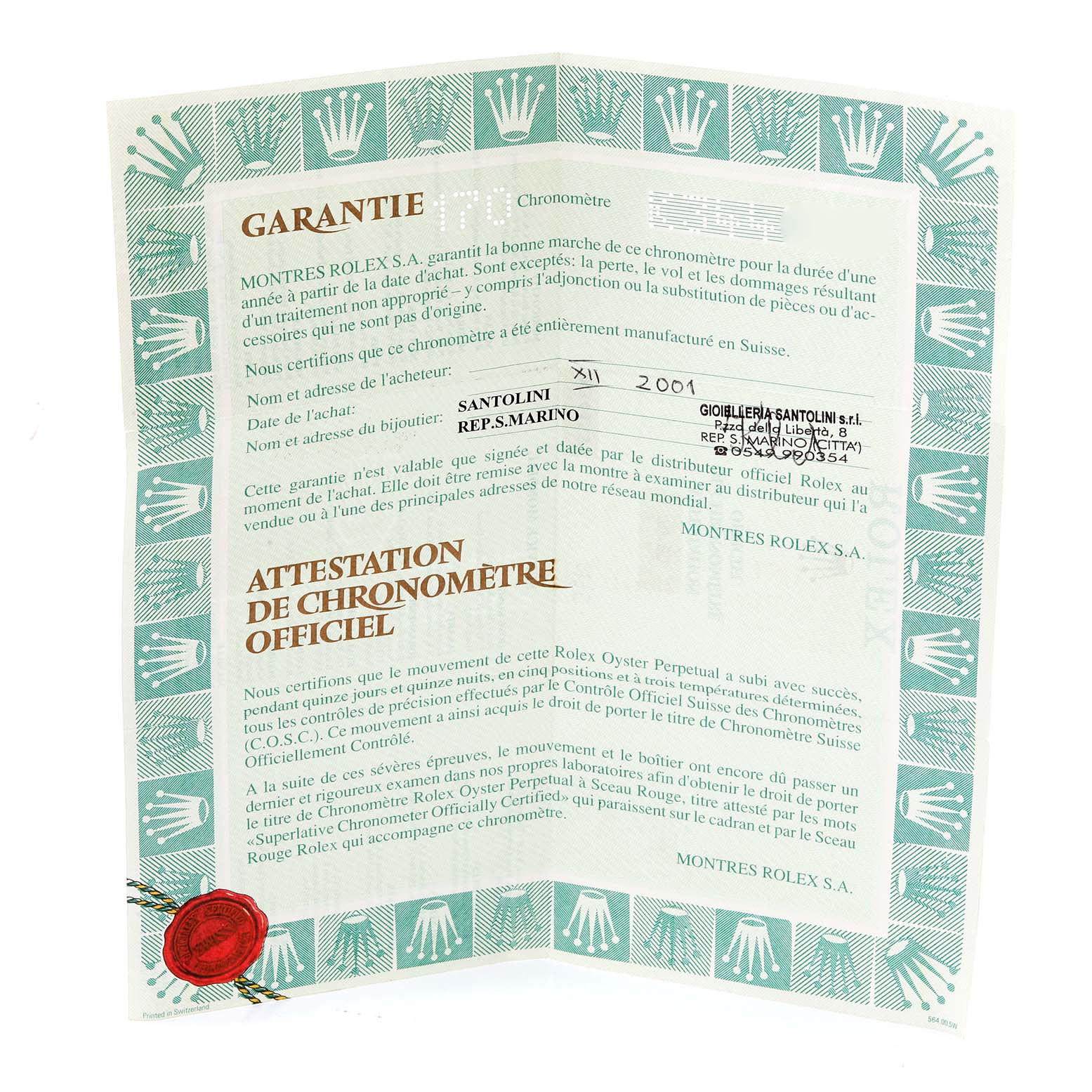 The image shows a warranty certificate for a Rolex Date 79160 Women's Stainless Steel Silver Dial 79160 Women's Stainless Steel Silver Dial model, including the official chronometer certification.