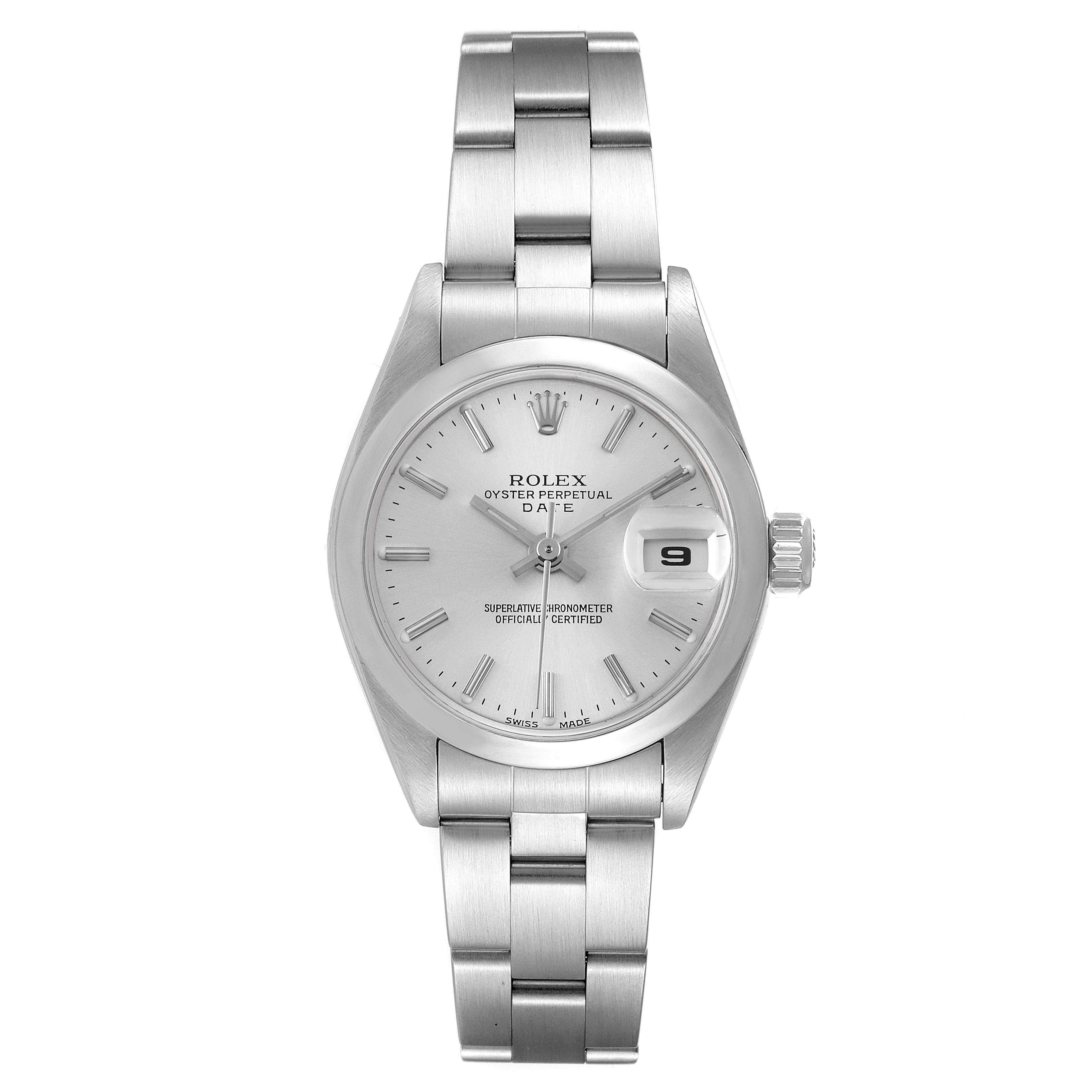 The image shows a front view of a Rolex Date 79160 Women's Stainless Steel Silver Dial 79160 Women's Stainless Steel Silver Dial model watch, displaying the dial, bracelet, and date window.