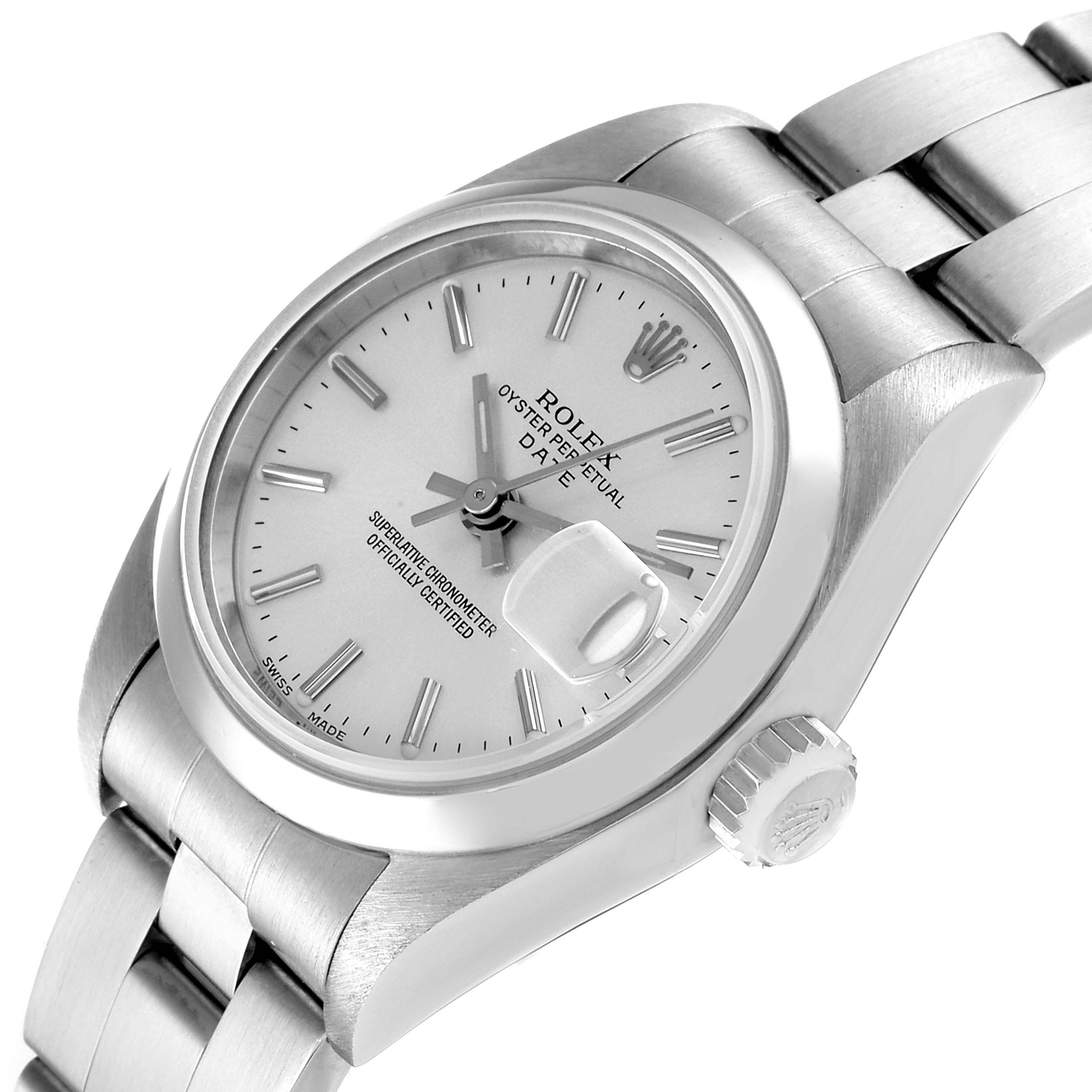 The image shows a close-up, angled view of the face, bezel, crown, and bracelet of a Rolex Date 79160 Women's Stainless Steel Silver Dial 79160 Women's Stainless Steel Silver Dial model watch.