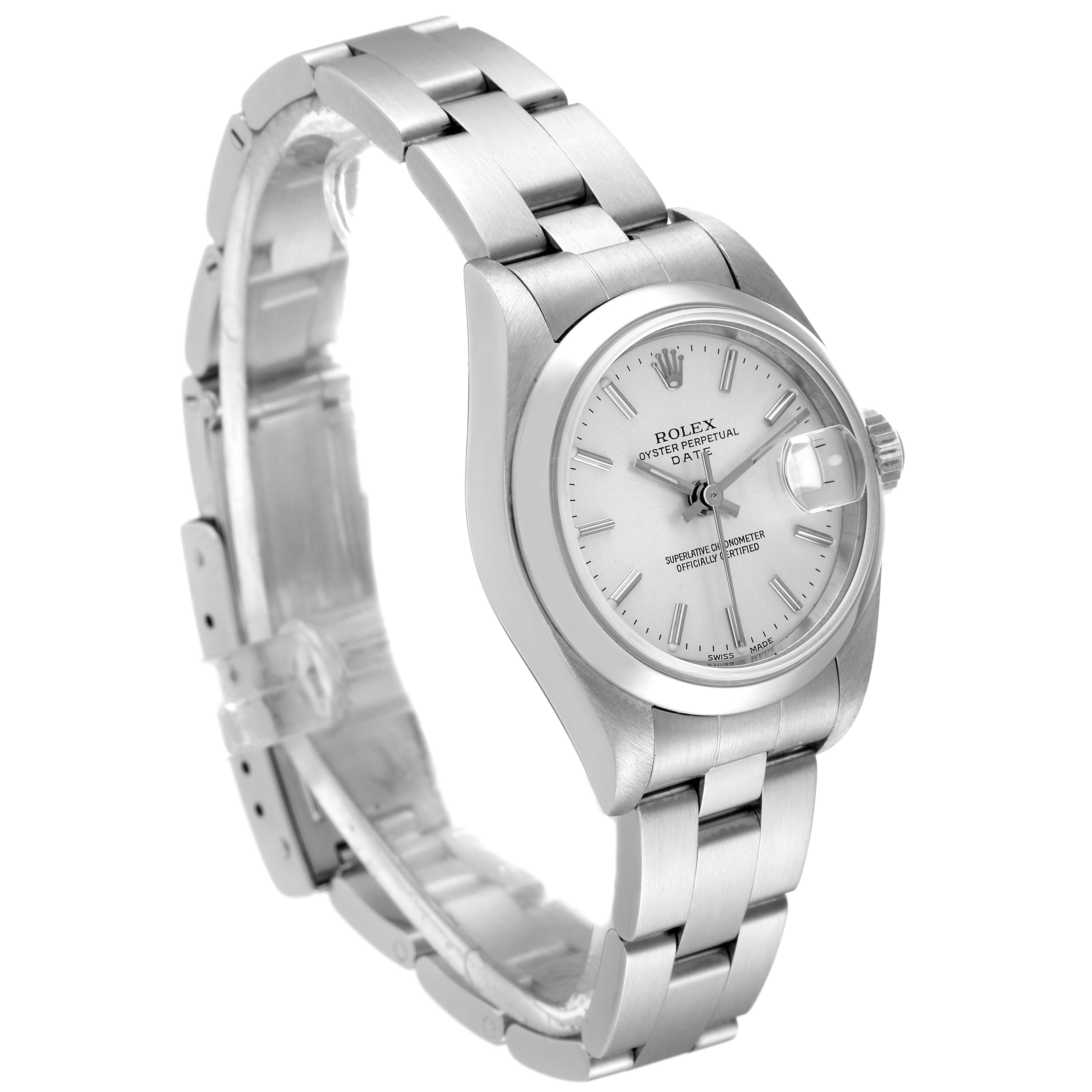 This image shows a Rolex Date 79160 Women's Stainless Steel Silver Dial 79160 Women's Stainless Steel Silver Dial model watch from an angled side view, highlighting the face, bezel, crown, and bracelet.
