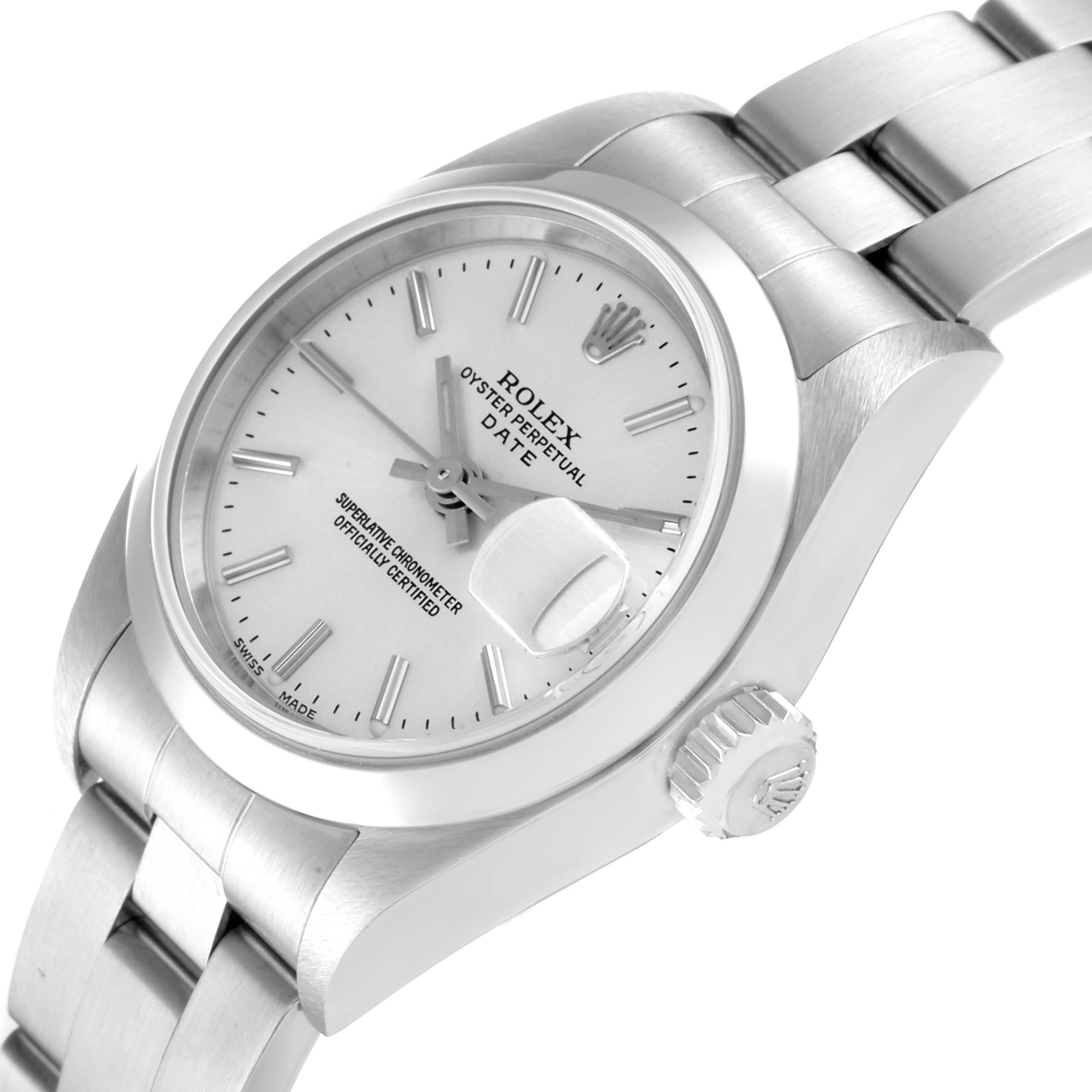 This image shows a side angle of a Rolex Date 79160 Women's Stainless Steel Silver Dial 79160 Women's Stainless Steel Silver Dial model watch, highlighting the case, crown, and bracelet.