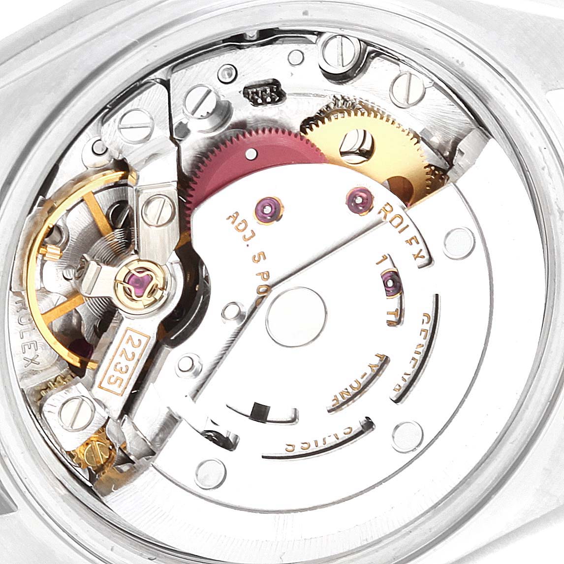 The image shows the internal movement components of a Rolex Date 79160 Women's Stainless Steel Silver Dial 79160 Women's Stainless Steel Silver Dial model watch from a top-down angle.