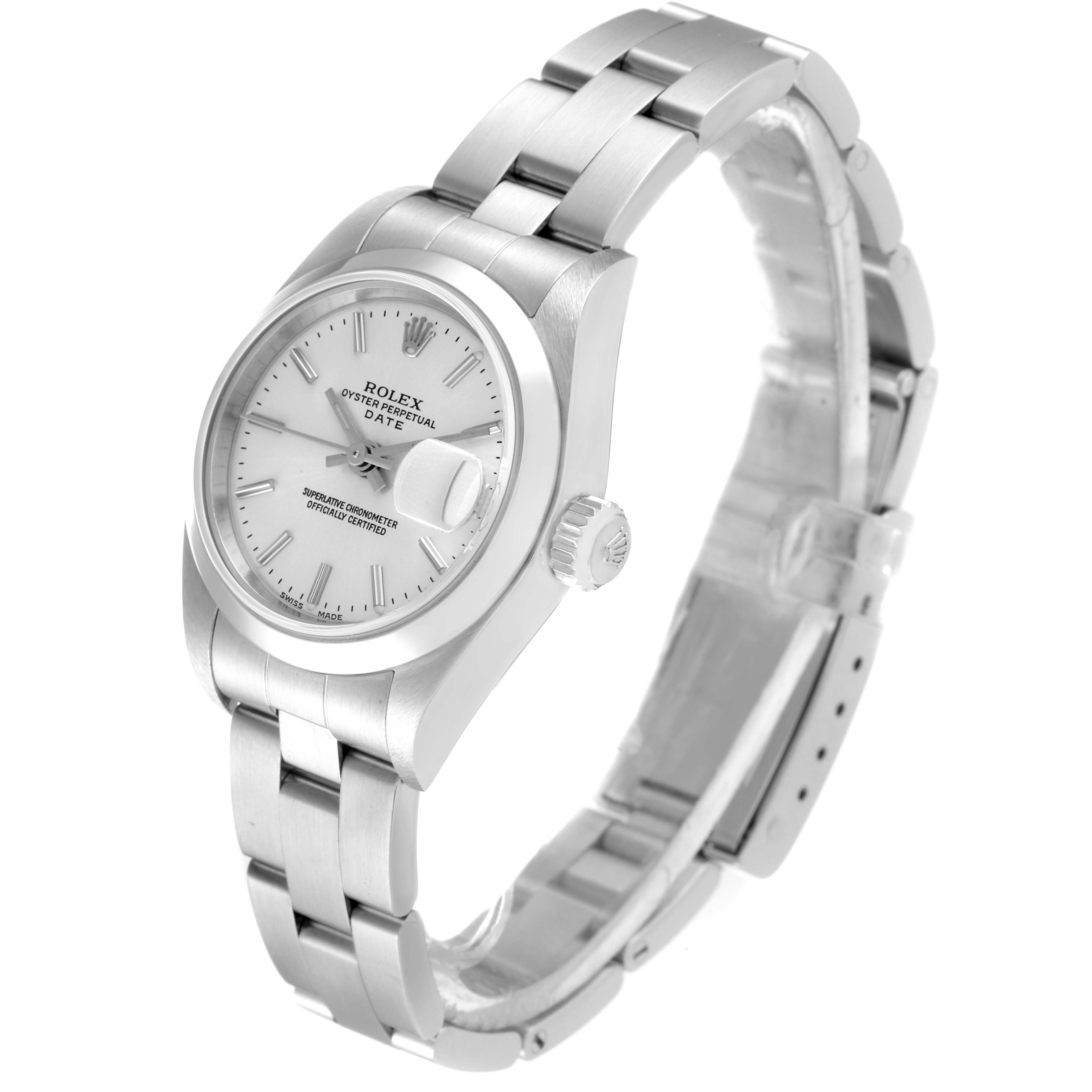 The image shows a Rolex Date 79160 Women's Stainless Steel Silver Dial 79160 Women's Stainless Steel Silver Dial model watch at a slight angle, highlighting the watch face, bracelet, and crown.