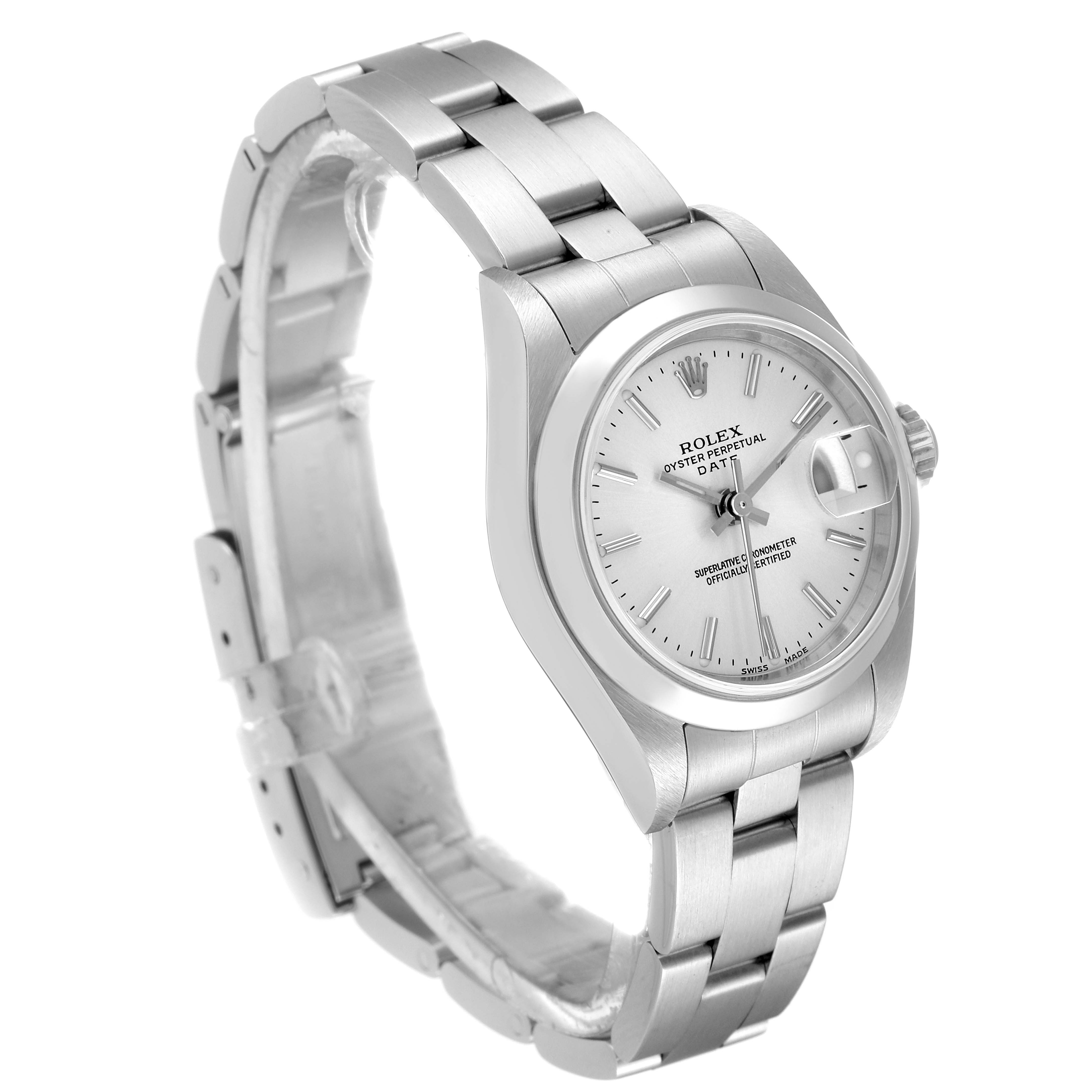 This image shows a side angle view of a Rolex Date 79160 Women's Stainless Steel Silver Dial 79160 Women's Stainless Steel Silver Dial model watch, highlighting the bracelet, dial, and cyclops lens.