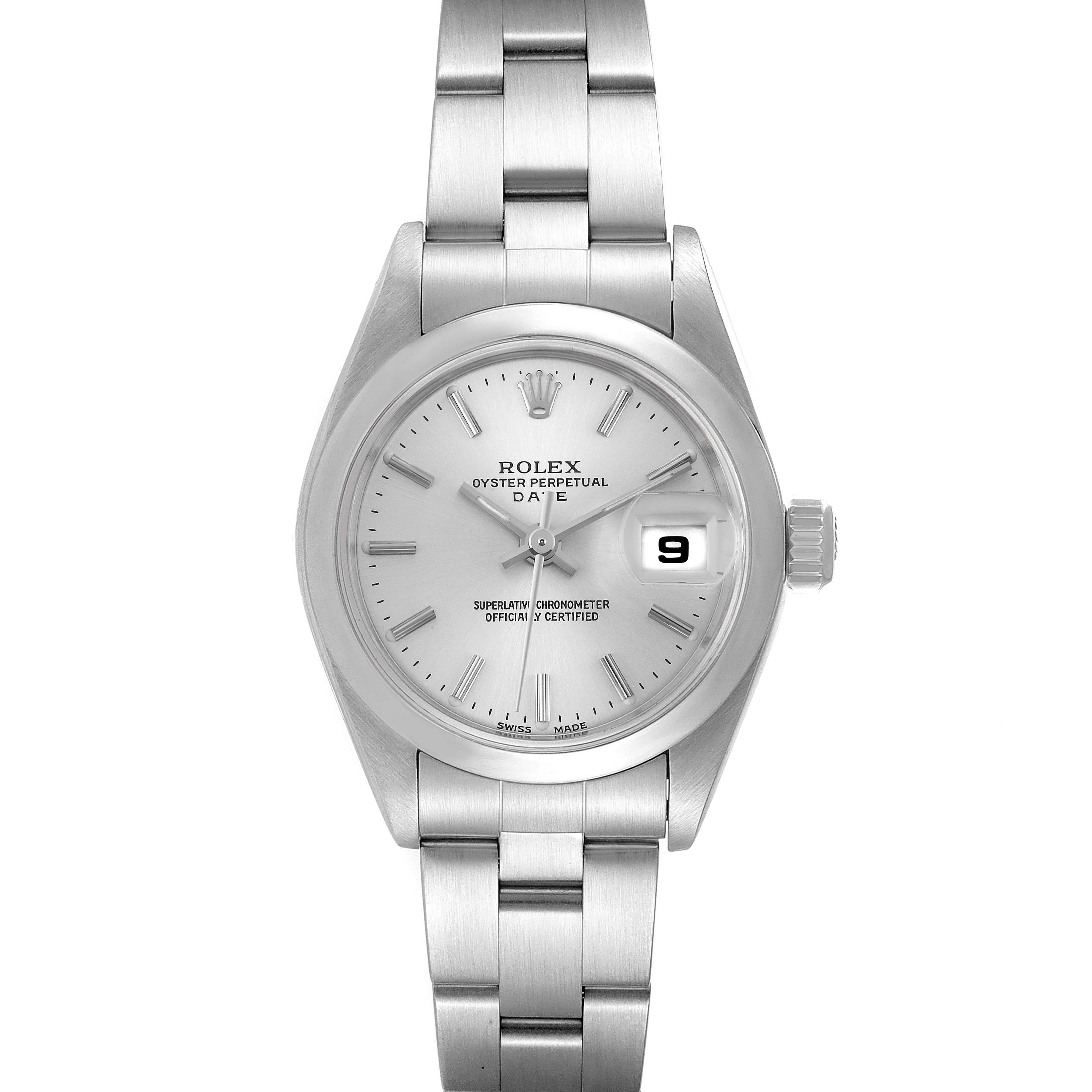 The image shows a front view of the Rolex Date 79160 Women's Stainless Steel Silver Dial 79160 Women's Stainless Steel Silver Dial model watch, displaying the dial, bezel, and bracelet.